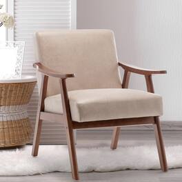 HTUTWOO - Mid-Century Modern Accent Chair, with Solid Rubber Wood Frame, Easy to Use, Plush Cushion for Living Room,Bedroom - Beige