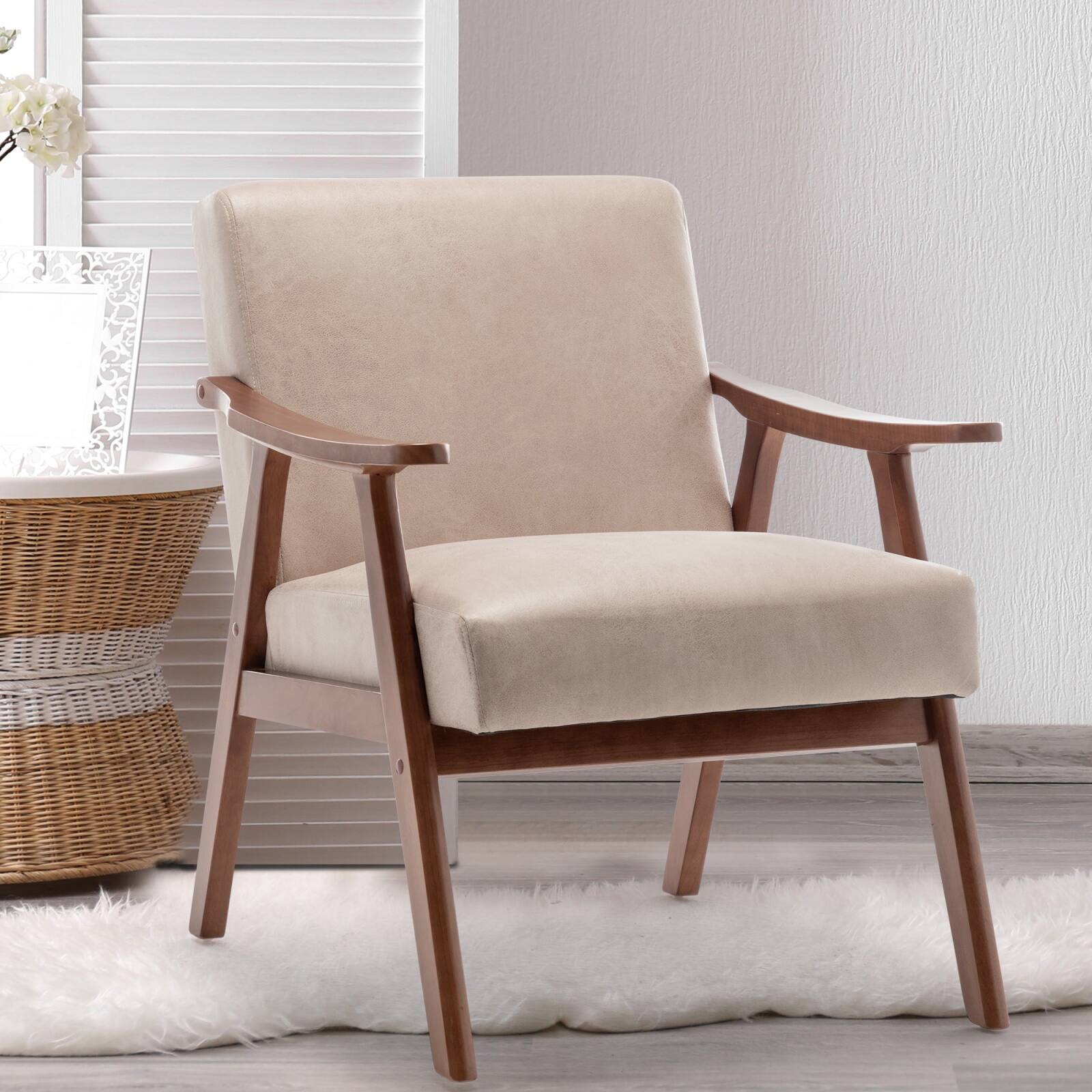 Front. HTUTWOO - Mid-Century Modern Accent Chair, with Solid Rubber Wood Frame, Easy to Use, Plush Cushion for Living Room, Bedroom - Beige.