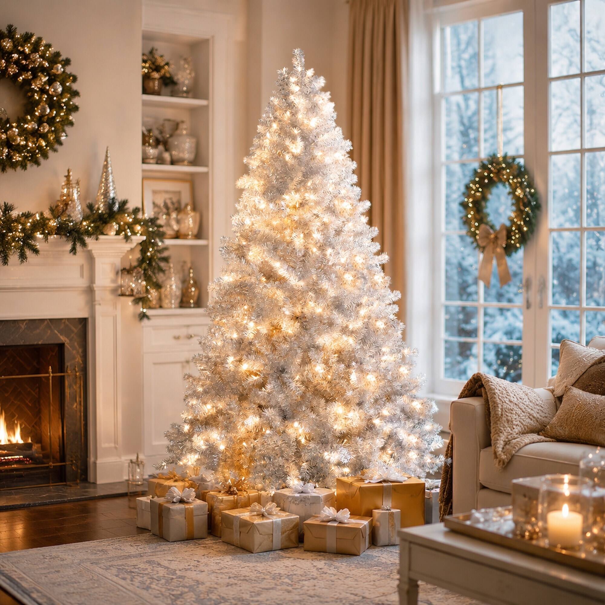 Left. RYHNUYNE - 6FT Silver Pre-Lit Artificial Christmas Tree, 800 Branch Tips 300 LED Lights 11 Lighting Modes Hinged Metal Stand - Silver.