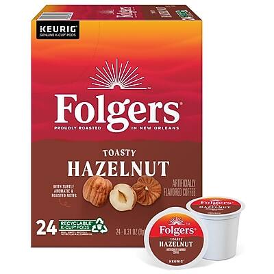 KEURIG GENUINE K-CUP PODS

Folgers
PROUDLY ROASTED IN NEW ORLEANS

TOASTY HAZELNUT
WITH SUBTLE ARTIFICIALLY FLAVORED & AROMATIC NOTES

ARTIFICIALLY FLAVORED COFFEE

24 RECYCLABLE K-CUP PODS
24 - 0.31 OZ (9g)

Folgers HAZELNUT
KEURIG