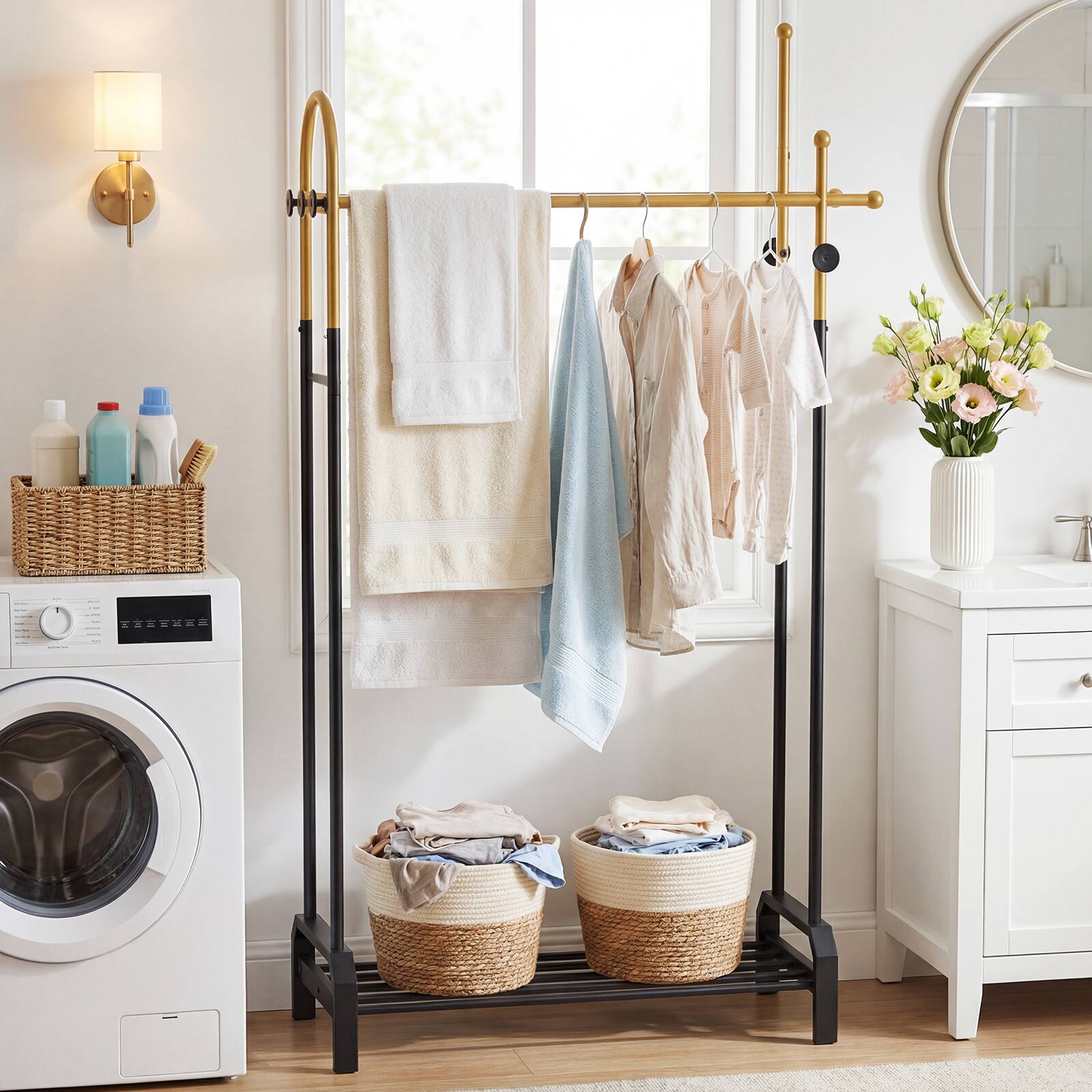 Alt View 4. Gymax - Gymax Double Rods Garment Rack for Hanging Clothes Freestanding Clothing Rack - Gold.