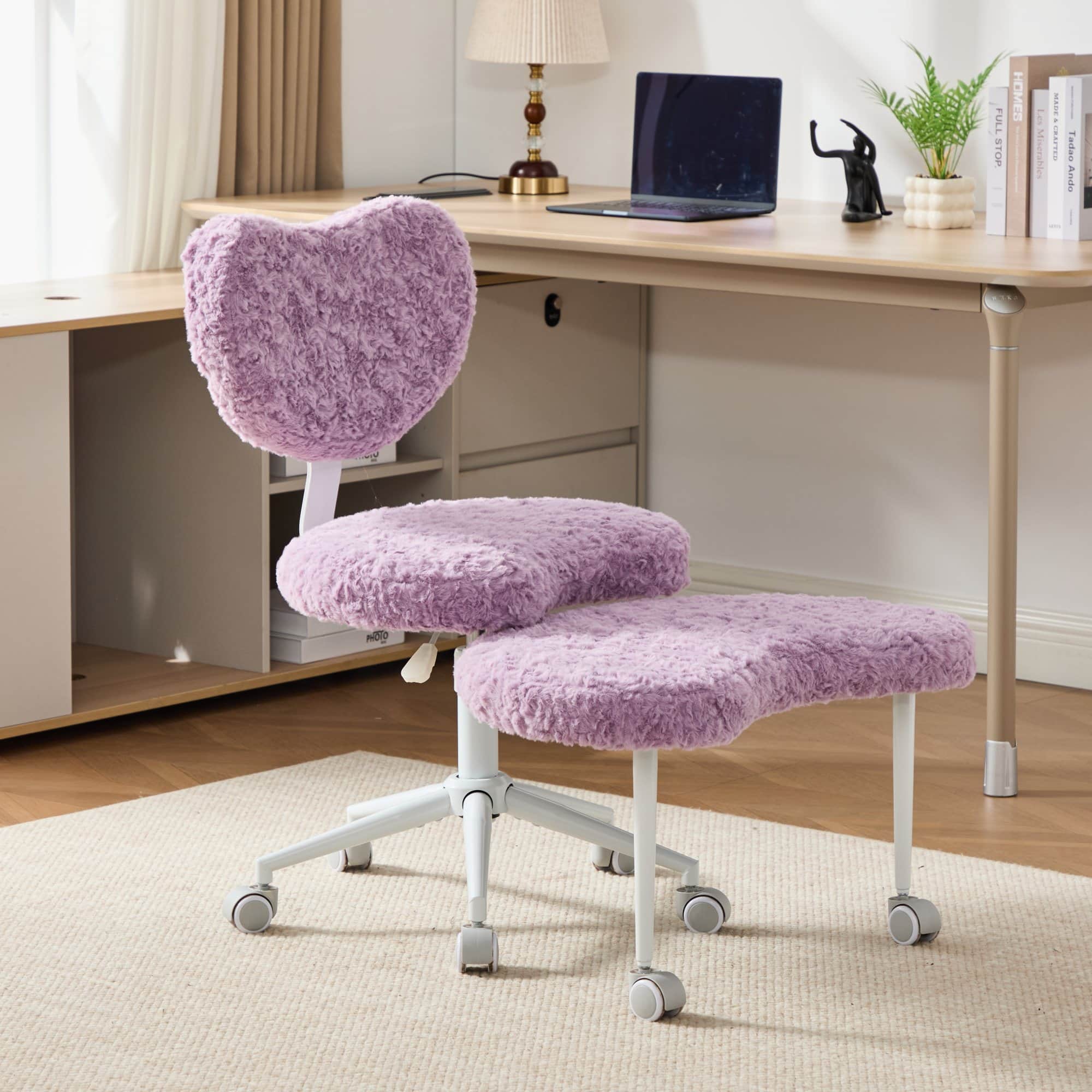 Aukfa - Meditation Chair Plus - Teddy Fleece Cross-Legged Rolling Chair with Lumbar Support & Adjustable Stool - Violet