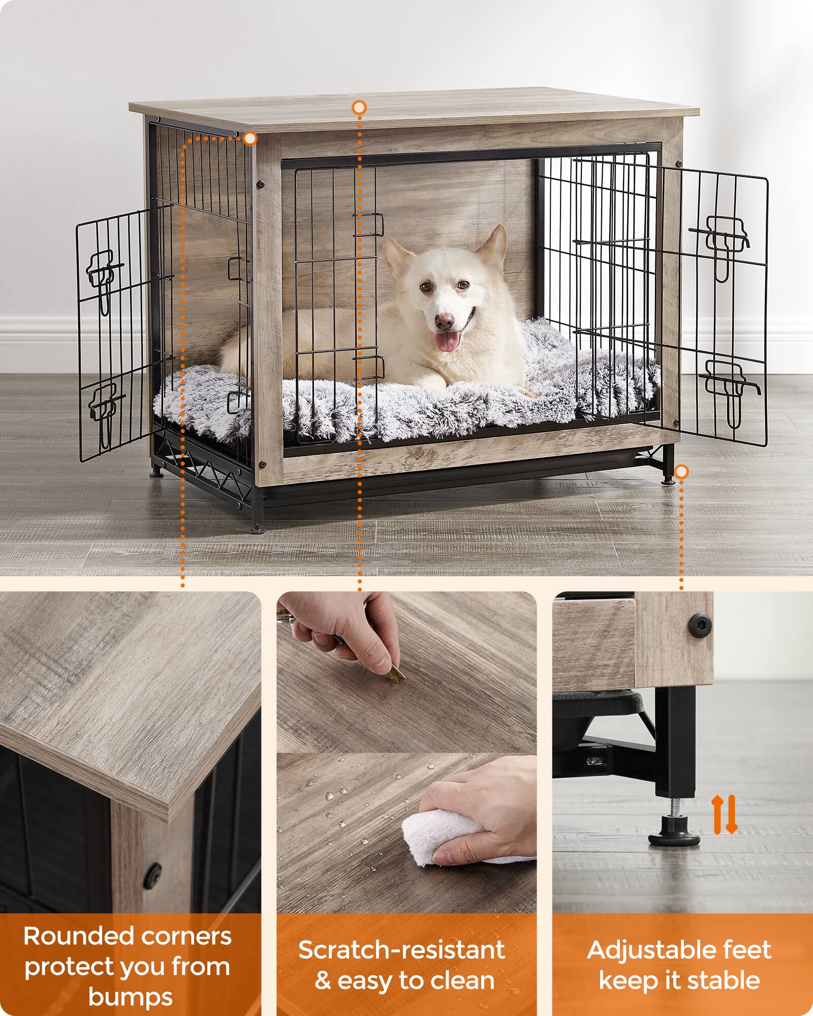 Rounded corners protect you from bumps

Scratch-resistant & easy to clean

Adjustable feet keep it stable