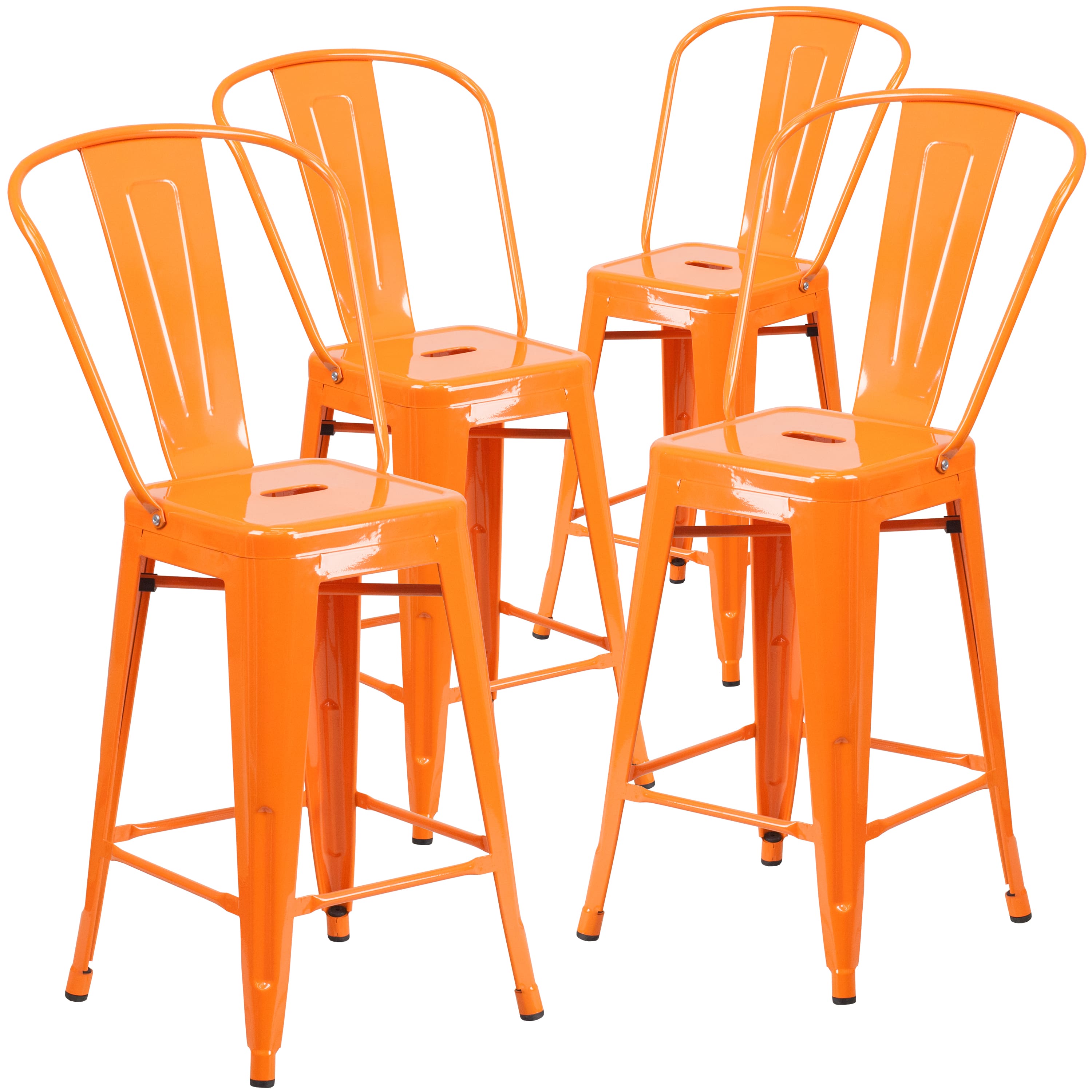 Emma + Oliver - Commercial Grade 4 Pack 24" High Metal Indoor-Outdoor Counter Height Stool with Back - Orange