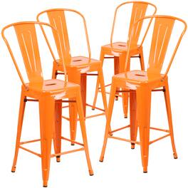 Emma + Oliver - Commercial Grade 4 Pack 24" High Metal Indoor-Outdoor Counter Height Stool with Back - Orange