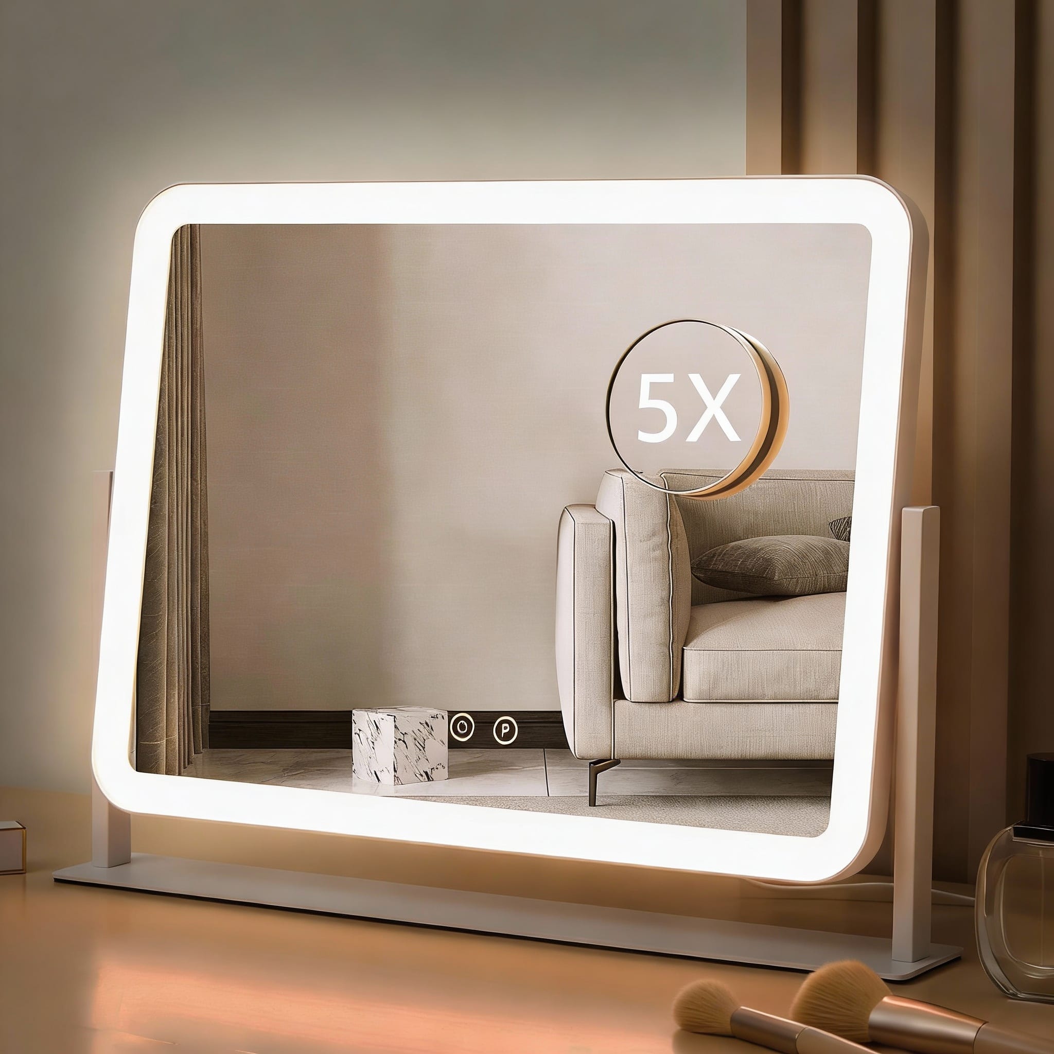 PO3TICJUNKI3 - Lighted Vanity Mirror with 3 Color Modes, 5X Magnification, Touch Control, 360° Rotation - 13.5"L x 17.4"W (96 LED)