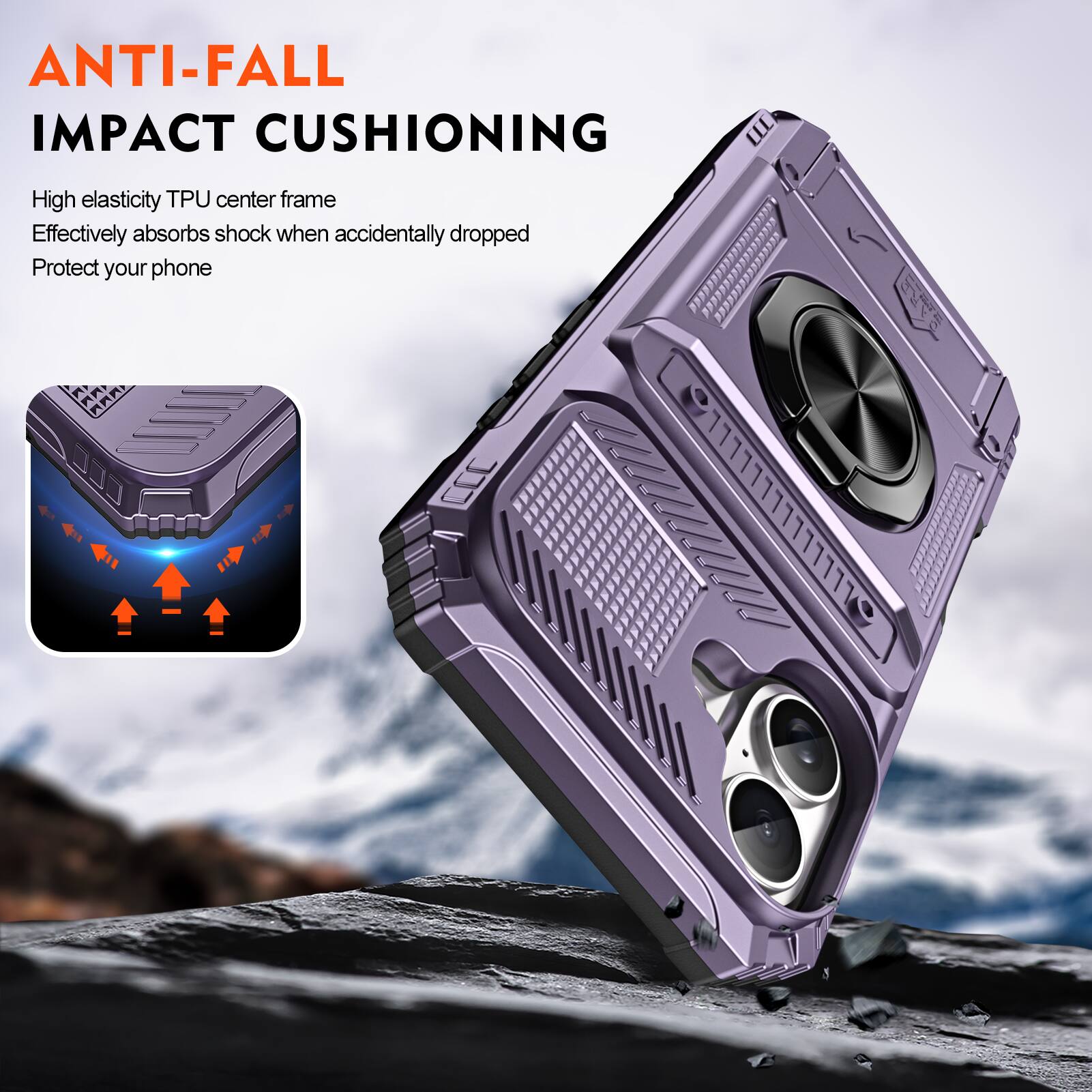 ANTI-FALL IMPACT CUSHIONING

High elasticity TPU center frame
Effectively absorbs shock when accidentally dropped
Protect your phone