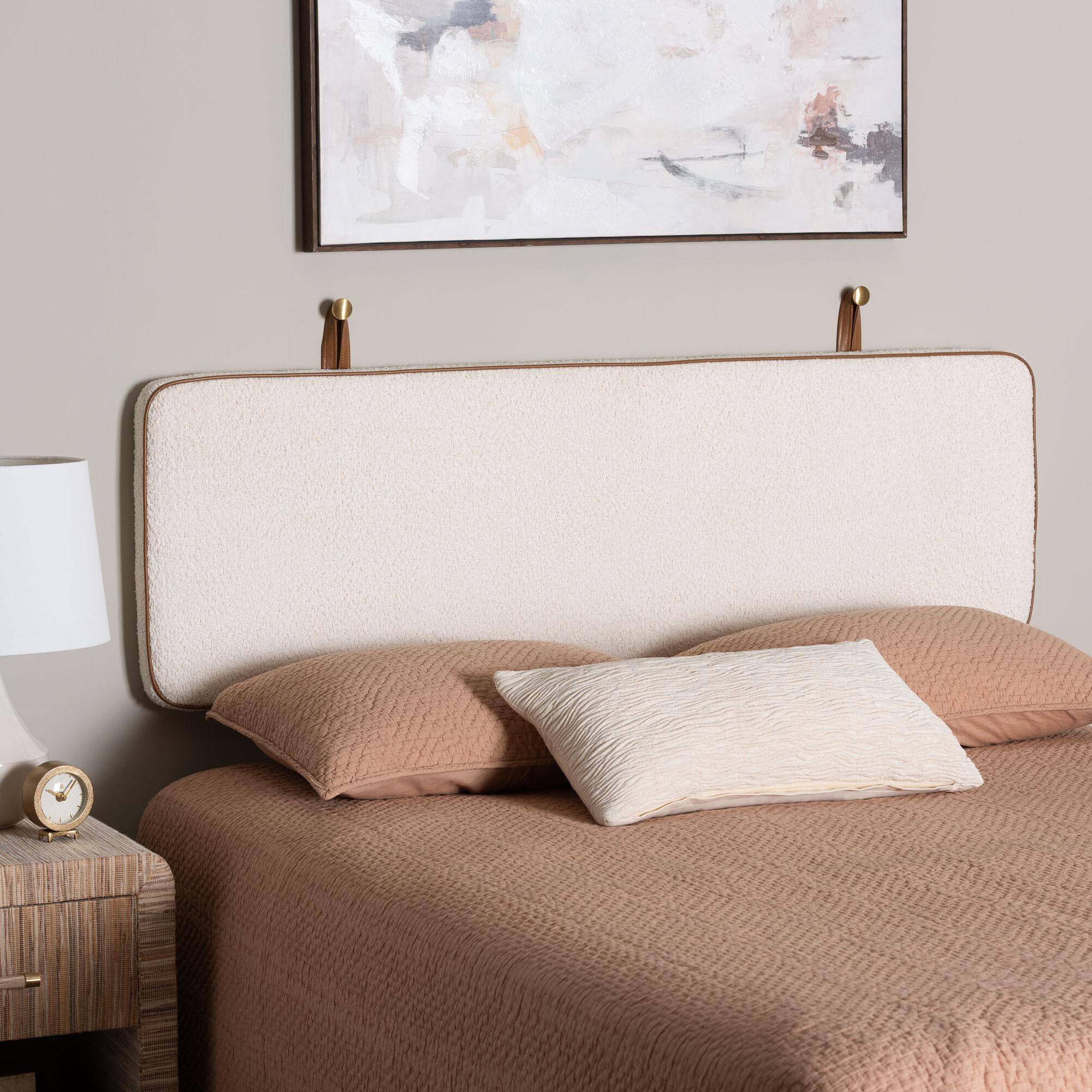 Alt View 4. Baxton Studio - Belden Boucle Upholstered Wall-Mounted Headboard - Padded Cushion Panel with Faux Leather Piping, Queen - White/Tan.