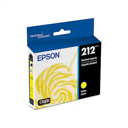 Designed for excellence, the Epson 212 standard-capacity cartridge is made for the Claria Inkjet printer. The cartridge is filled with 212 standard-capacity ink, providing a reliable and high-quality printing experience. The cartridge is also available in yellow, as seen in the image.