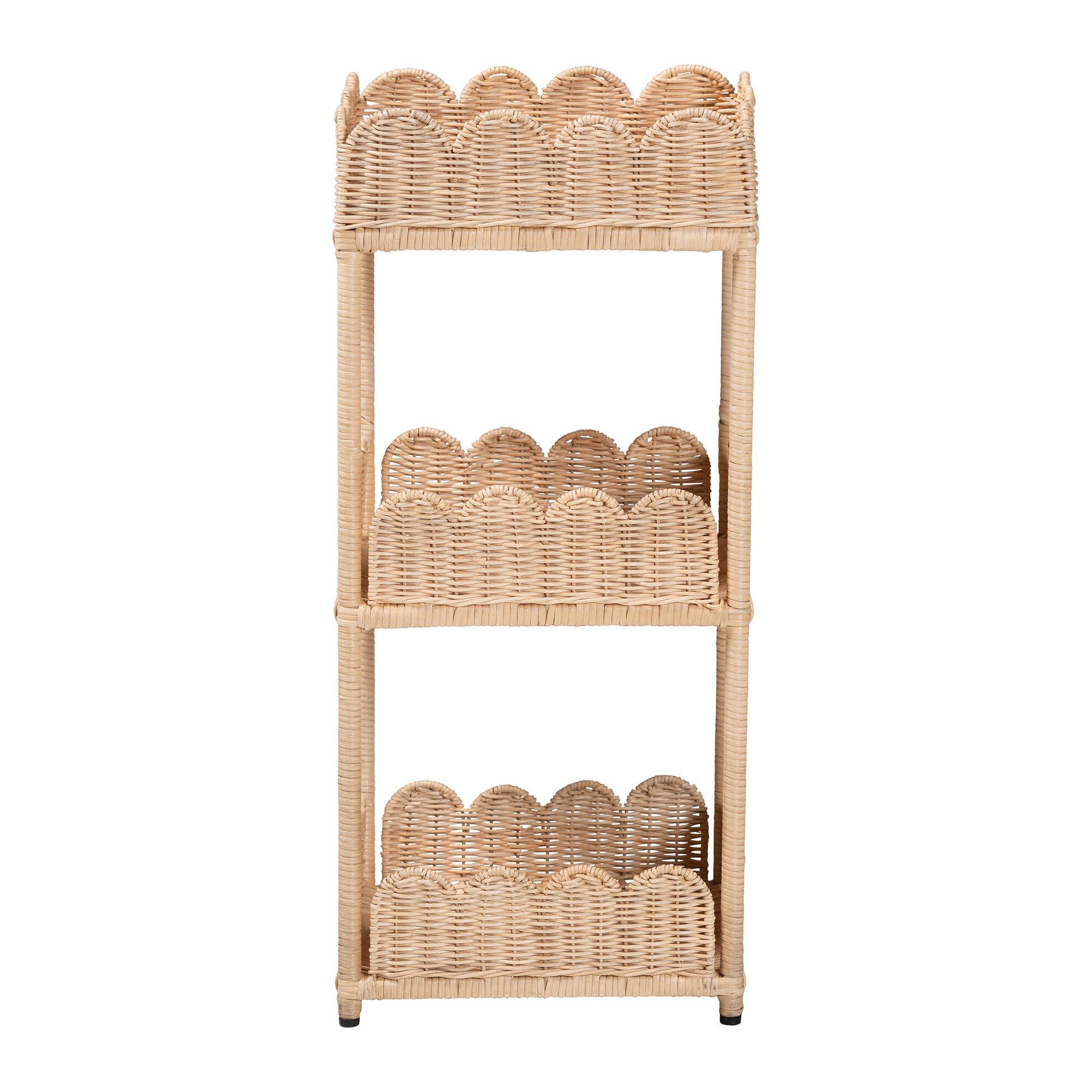 Angle. bali & pari - Brooks Natural Rattan 3-Tier Storage Shelf – Handwoven Wicker Display Stand with Scalloped Borders - Natural Brown.