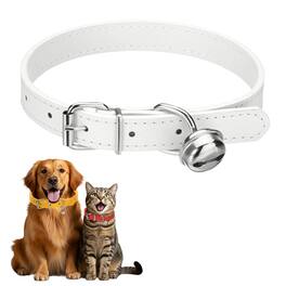 Unique Bargains - Dog Collar with Bell, Pu Leather Cat Collars Pet Basic Soft Padded Adjustable Buckle, 1 Pc, for Small Animals - White