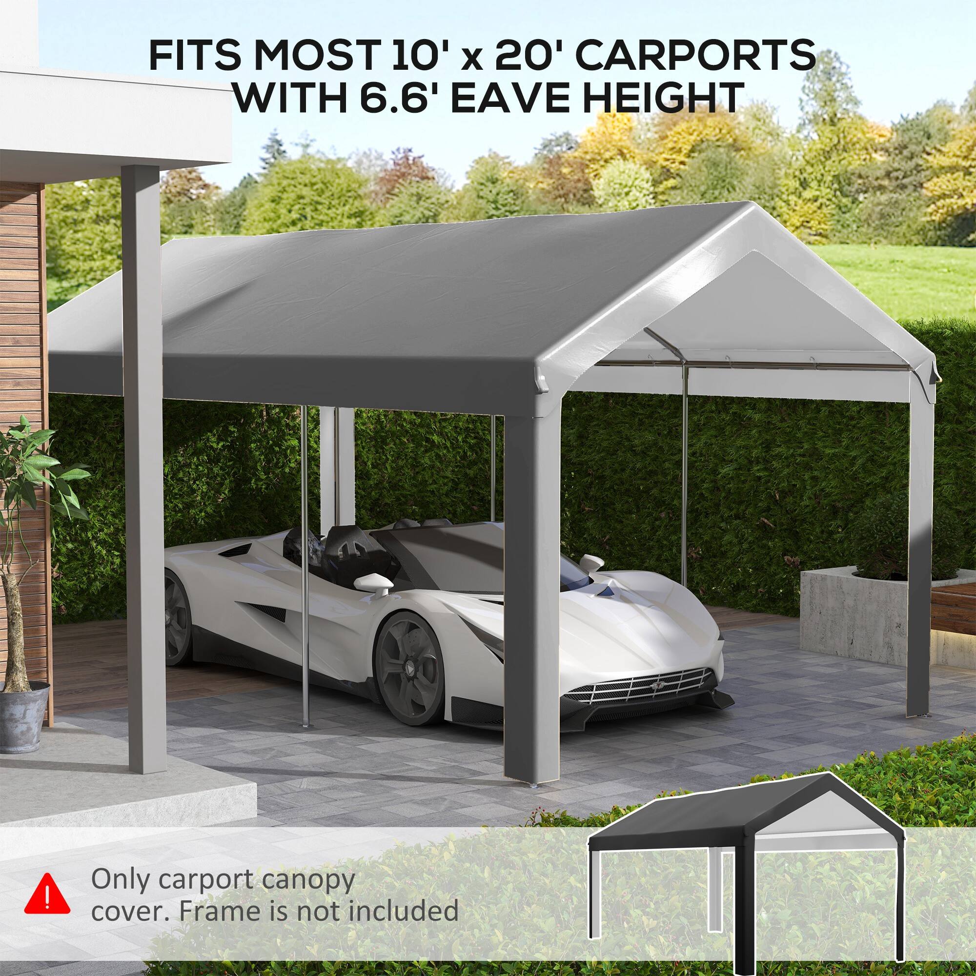 FITS MOST 10' X 20' CARPORTS WITH 6.6' EAVE HEIGHT

Only carport canopy cover. Frame is not included