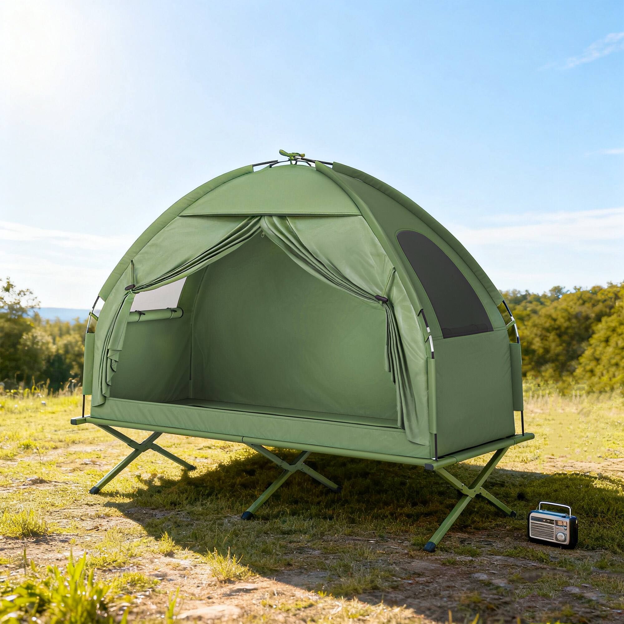 Alt View 7. Outsunny - Camping Tent Cot, Single Person Folding Cot Combo, Off-Ground Tent, Covered Outdoor Bed with Carry Bag - Green.