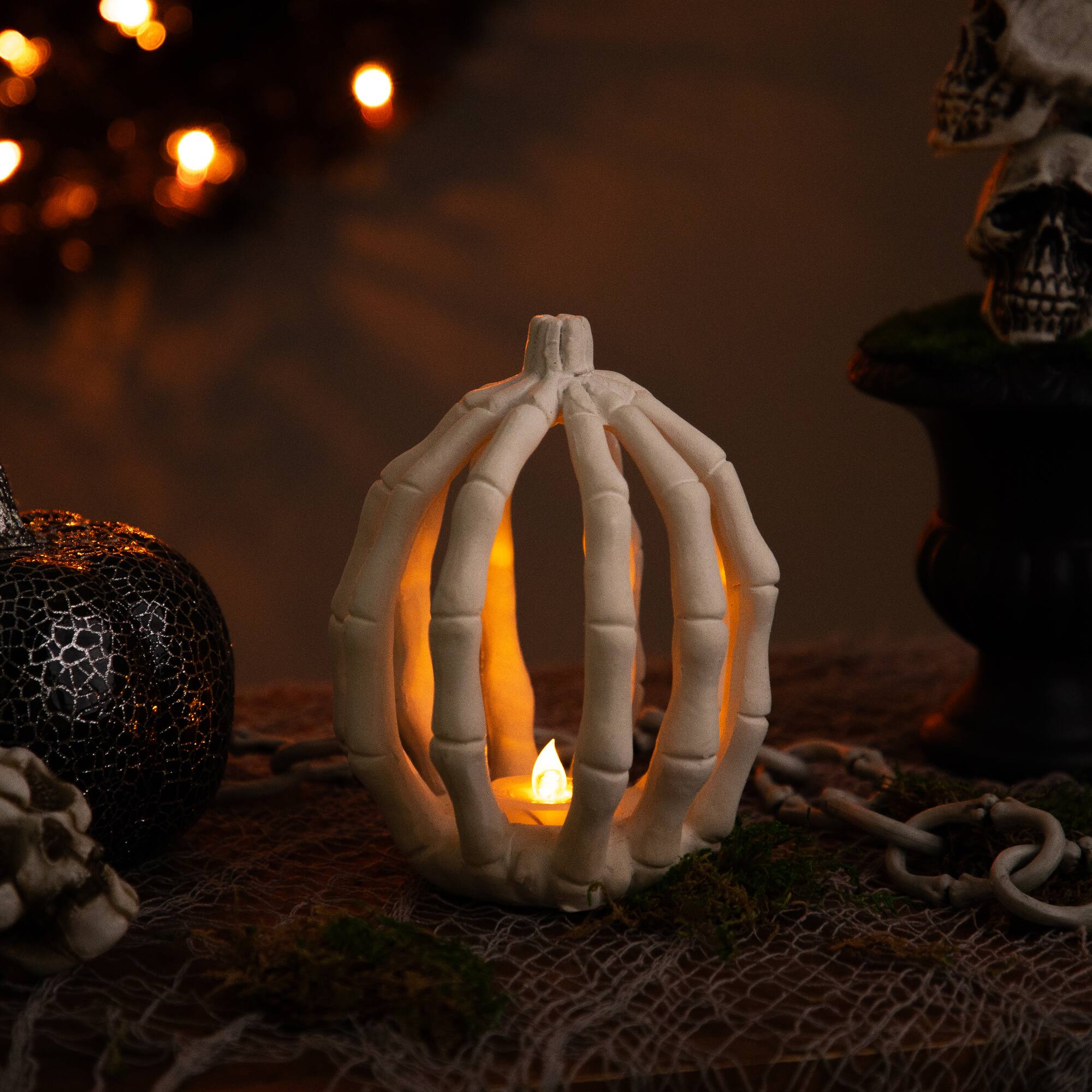 Northlight - LED Lighted Skeleton Pumpkin Halloween Decoration - 6.25" - Beige