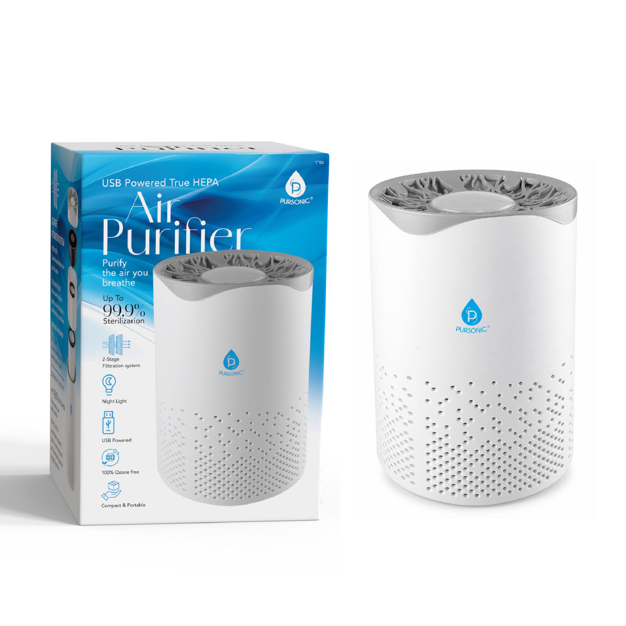"USB Powered True HEPA PURSONIC Air Purifier
Purify the air you breathe
Up To 99.9% Sterilization
PURSONIC
2-Stage Filtration system
Night Light
USB Powered
100% Ozone free
Compact & Portable"