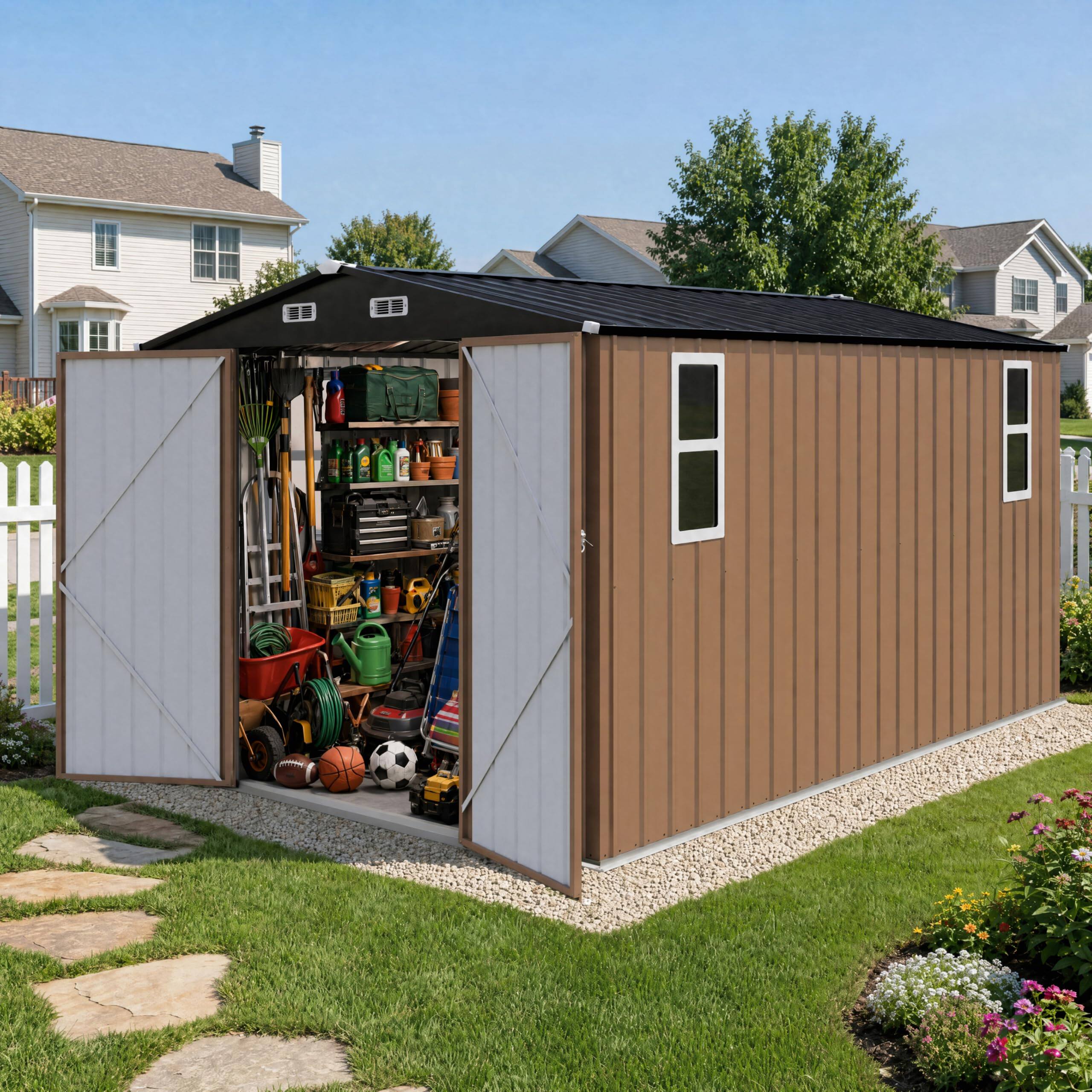 Left. LAUSAINT HOME - 10x14 FT Galvanized Steel Shed with Windows  Double Lockable Doors  Gable Roof and Vent for Backyard Patio Brown - Brown.