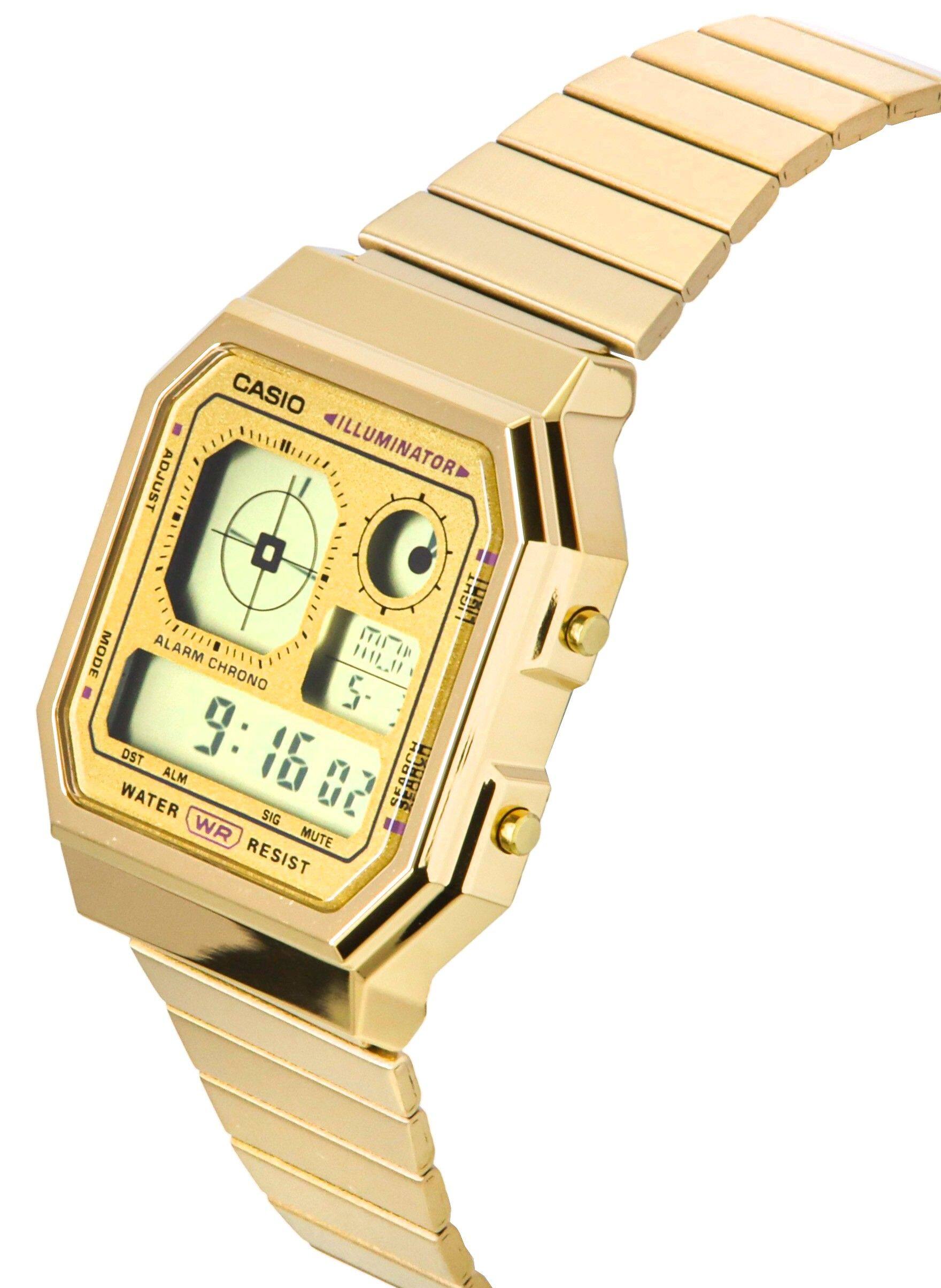 CASIO ILLUMINATOR ADJUST 0 LIGHT MODE ALARM L. I CHRONO 5- DST 9:16 02 9: 16 WATER ALM 02 SFARCH A SIG WR MUTE RESIST