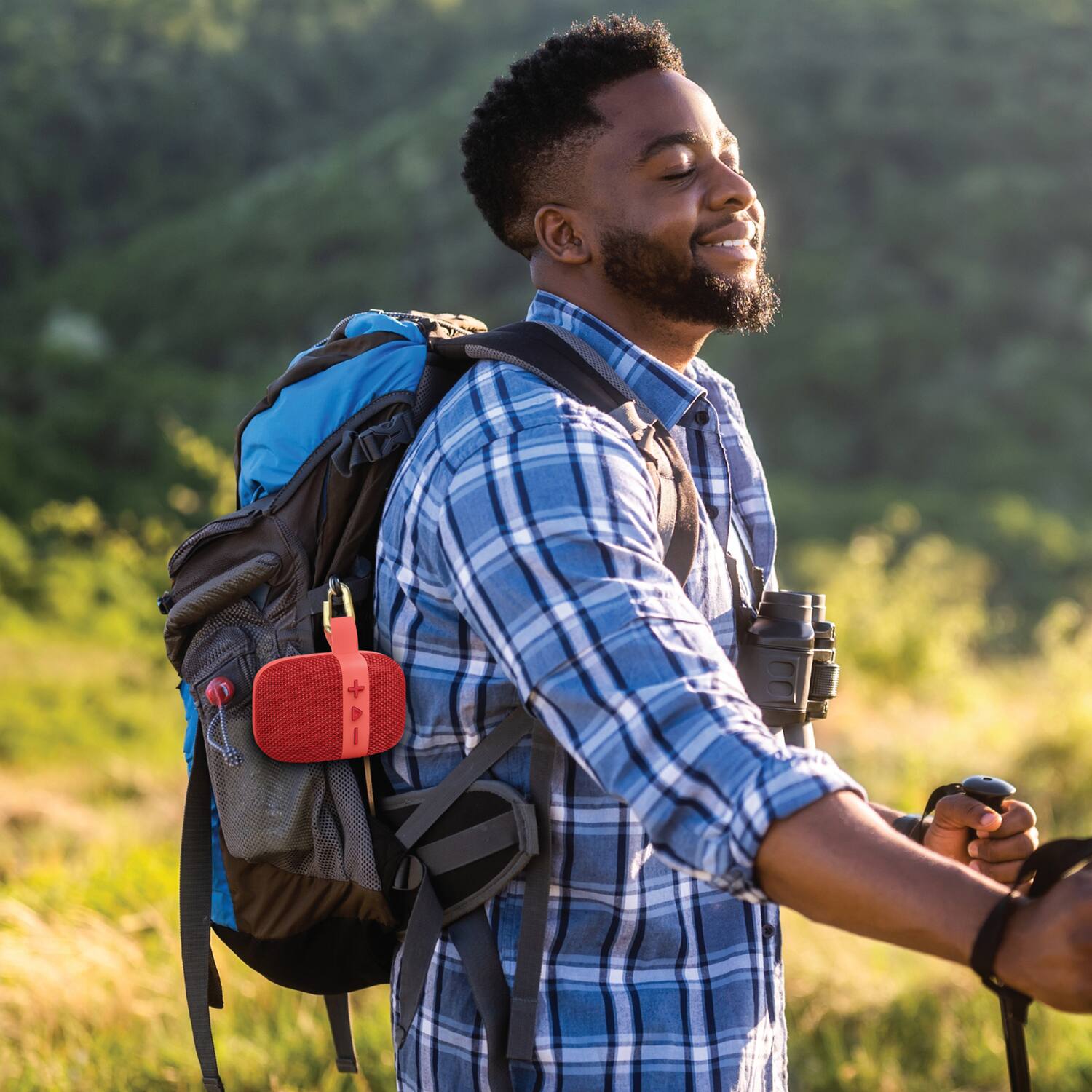 Angle. Fisher Studio Pro - ECO GO Waterproof Portable Bluetooth Speaker with FM Radio, SBT294 - Red.