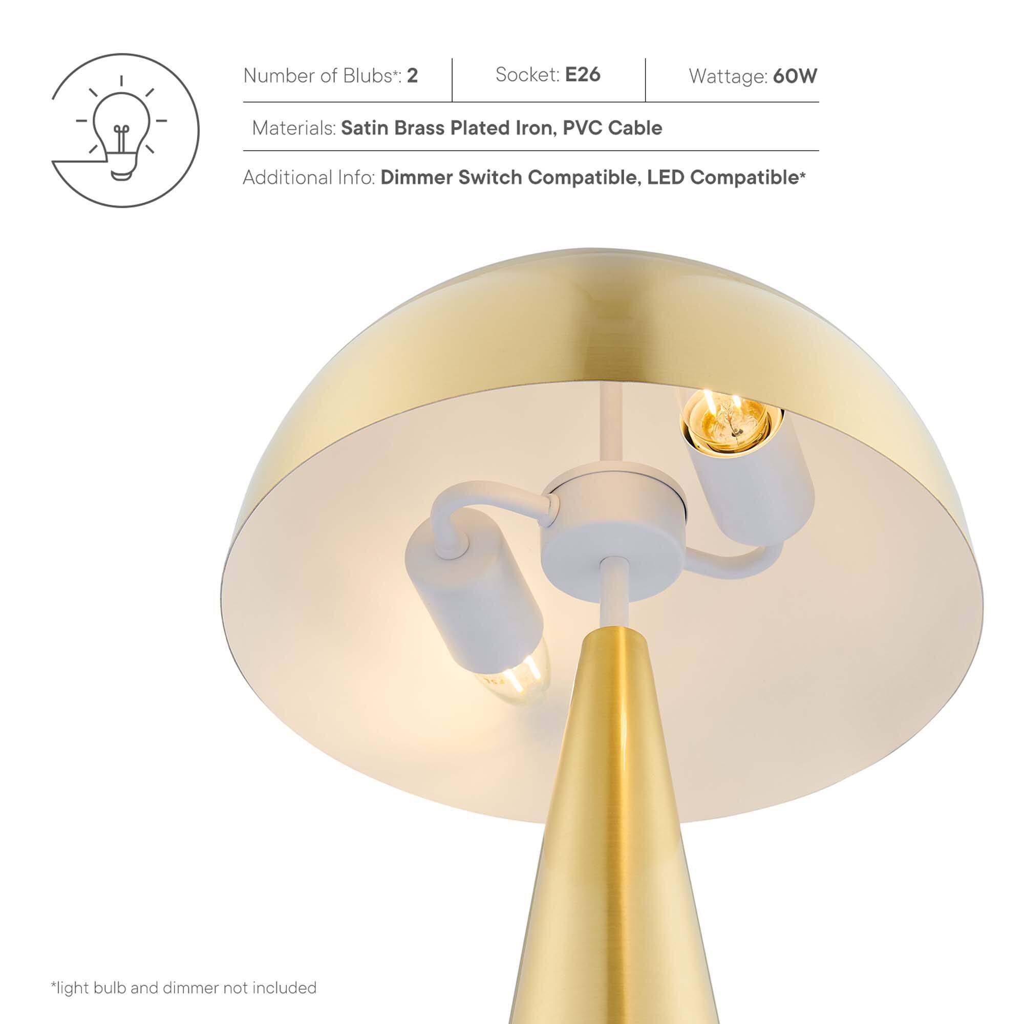 Number of Bulbs*: 2  
Socket: E26  
Wattage: 60W  
Materials: Satin Brass Plated Iron, PVC Cable  
Additional Info: Dimmer Switch Compatible, LED Compatible*  

*light bulb and dimmer not included