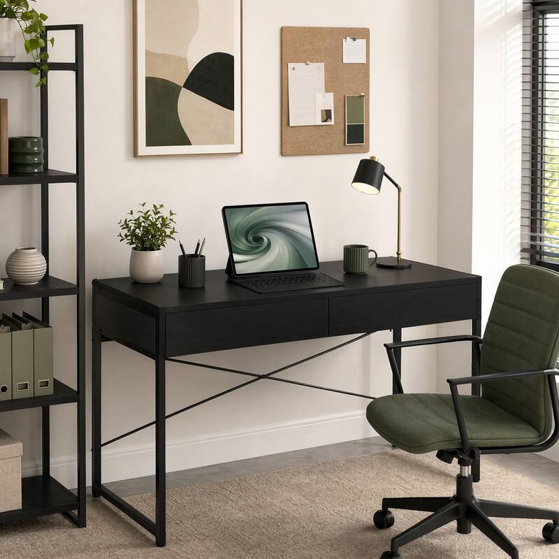 Angle. WELLFOR - 44" Industrial Computer Desk with 2-Drawer, Study Writing Desk with Steel Frame for Home Office - Black.