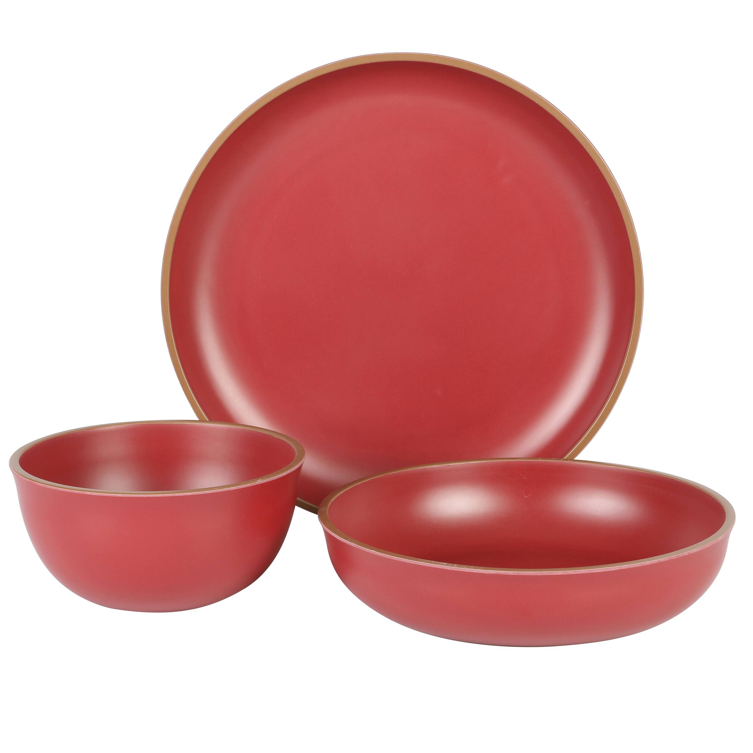 Alt View 1. Gibson - Gibson Home Rockabye 12 Piece Double Bowl Malemine Dinnerware Set in Red - Red.