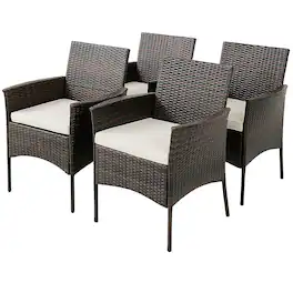 Costway - Set of 4 Patio Rattan Dining Chairs Cushioned Seat Curved Armrests Outdoor Porch - Mixed Brown,Off White