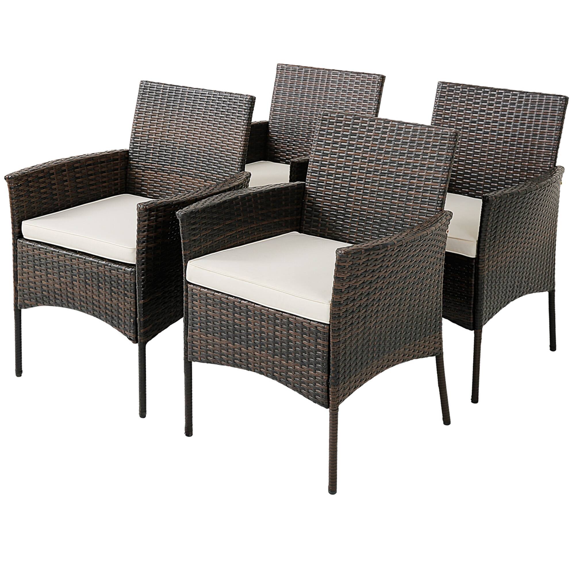 Front. Costway - Costway Set of 4 Patio Rattan Dining Chairs Cushioned Seat Curved Armrests Outdoor Porch - Mixed Brown,Off White.