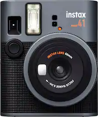 The text on the image reads "instax mini 41 LENS INSTAX 60mm 8 - 0.3m RANGE FOCUS."