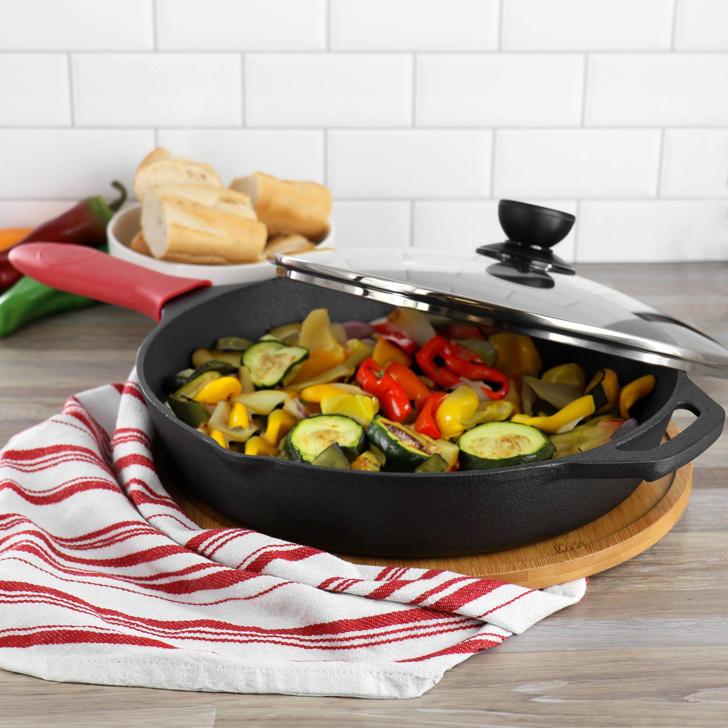 Alt View 7. MegaChef - MegaChef 12 Inch Pre-Seasoned Cast Iron Skillet with Tempered Glass Lid - Black and Red.
