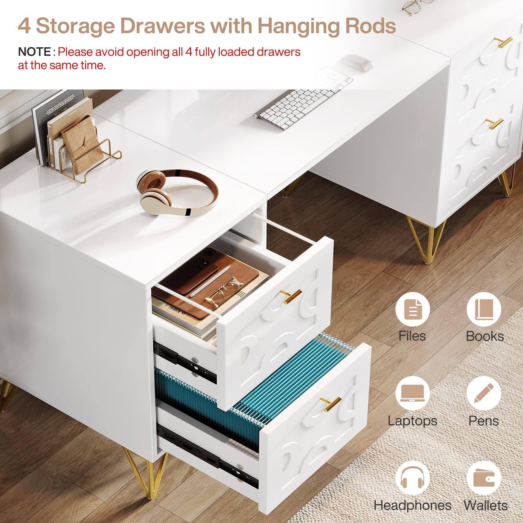 4 Storage Drawers with Hanging Rods  
NOTE: Please avoid opening all 4 fully loaded drawers at the same time.  

Files  
Books  
Laptops  
Pens  
Headphones  
Wallets