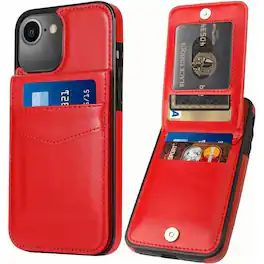 Entronix - Slim Leather Wallet Case for iPhone 16E with 6 Slot Card Holder - Red
