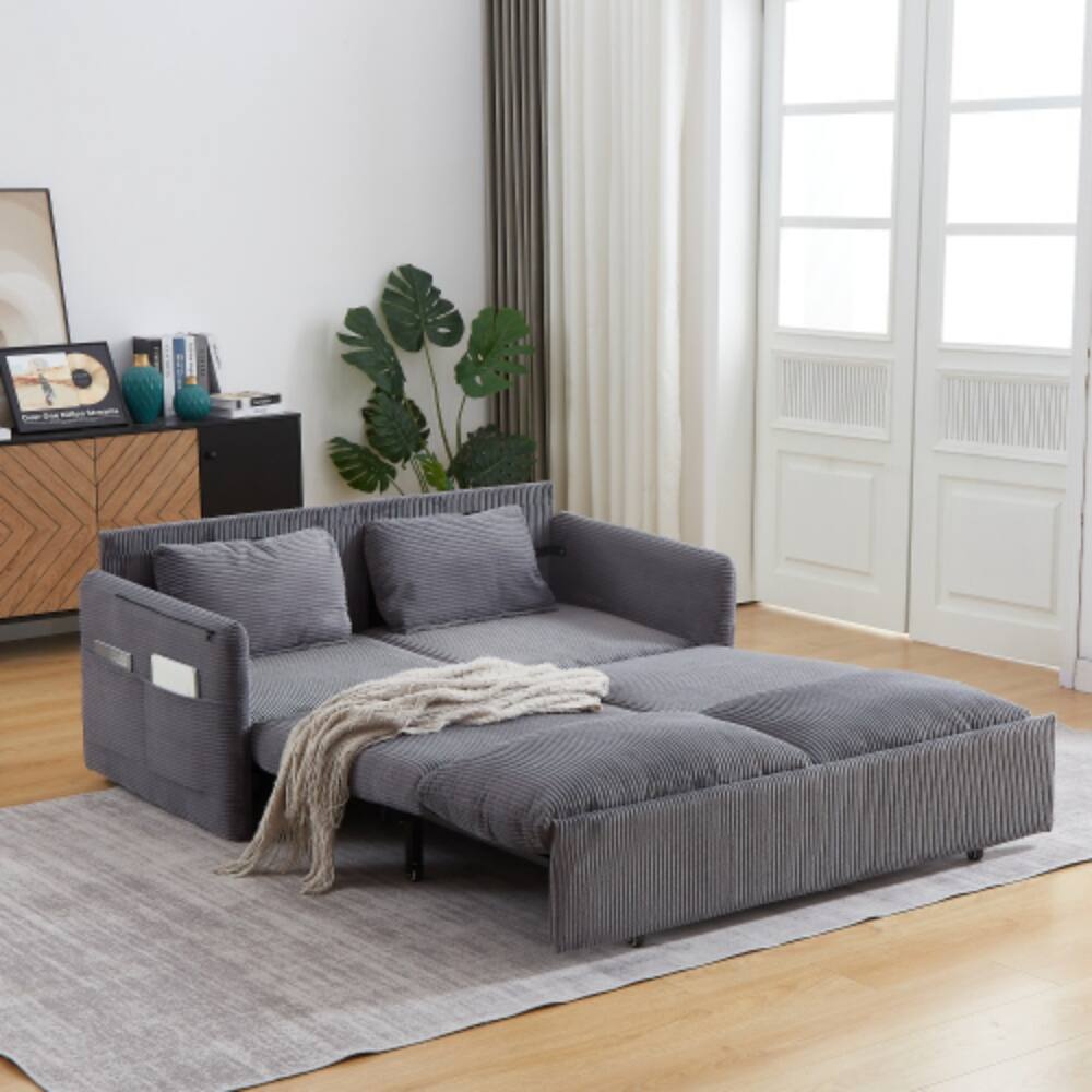 Left. LUCKY ONE - 64.5 Inch 3-in-1 Adjustable Corduroy Sleeper Sofa Bed with Pullout Bed, 2 Pillows, Side Pockets, Recliner Function - Grey.