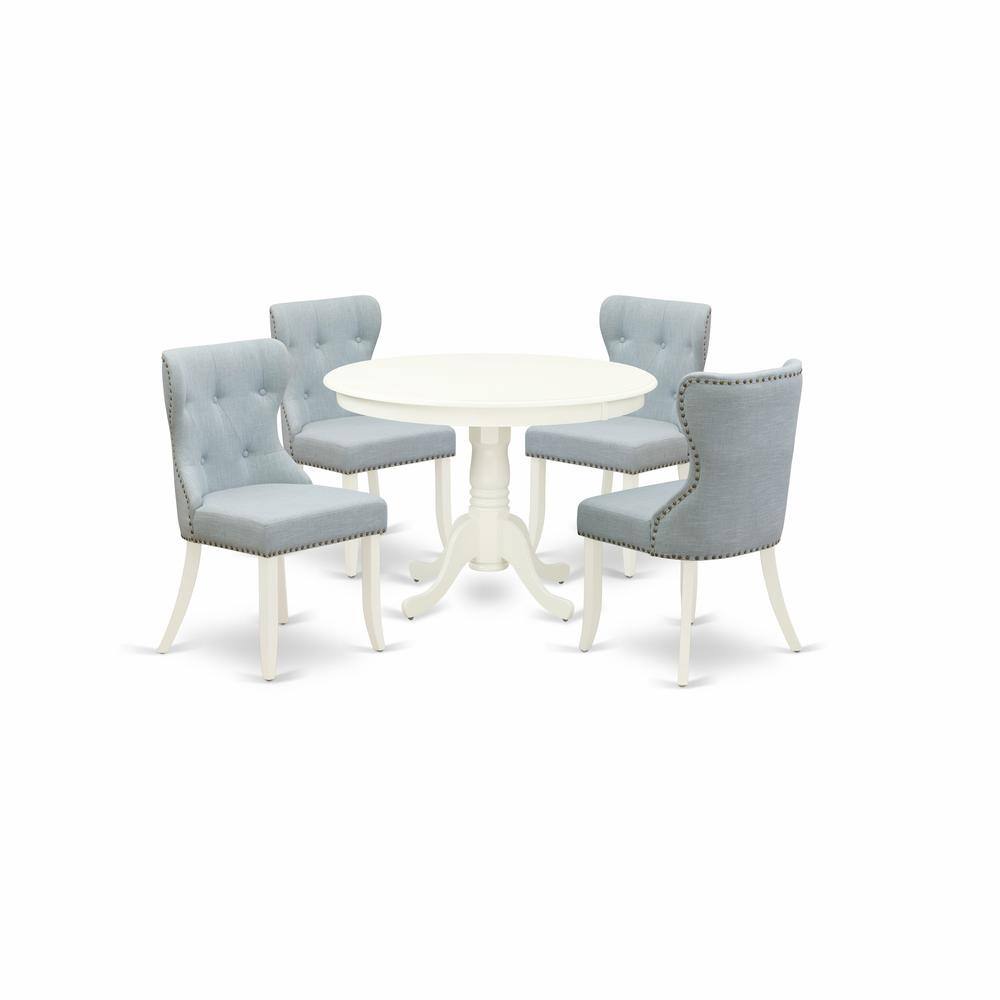 Left. East West Furniture - East-West Furniture HLSI5-LWH-15 - A dining set of 4 amazing kitchen dining chairs with Linen Fabric Baby Blue color - Linen White.