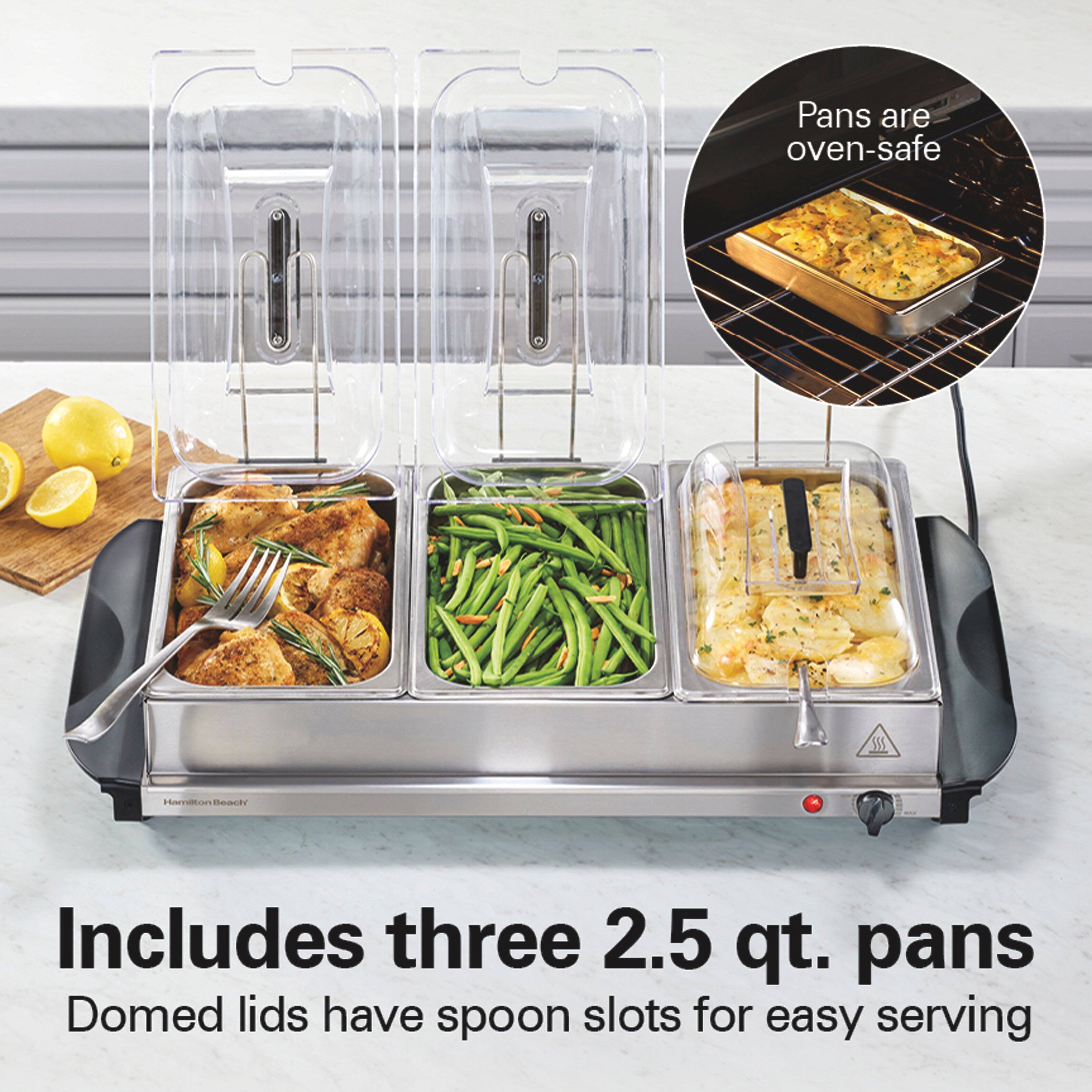 Pans are oven-safe

Hamilton Beach

Includes three 2.5 qt. pans

Domed lids have spoon slots for easy serving