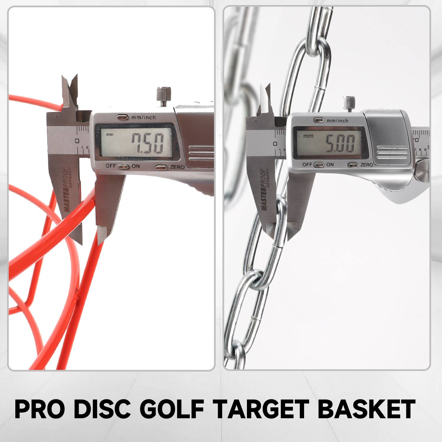GERMANY MASTERPROOF 2 m OFF mm/inch 1.50 ON ZERO, PRO DISC GOLF TARGET BASKET, GERMANY MASTERPROOF mm OFF mm/inch 5.00 ON ZERO