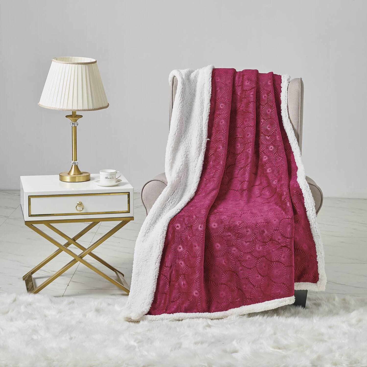 Alt View 4. Noble House - Plazatex Louvre Sherpa Decorative Super Soft Throw Blanket for Sleep/Decor 50" x 60" Burgundy - Burgundy.