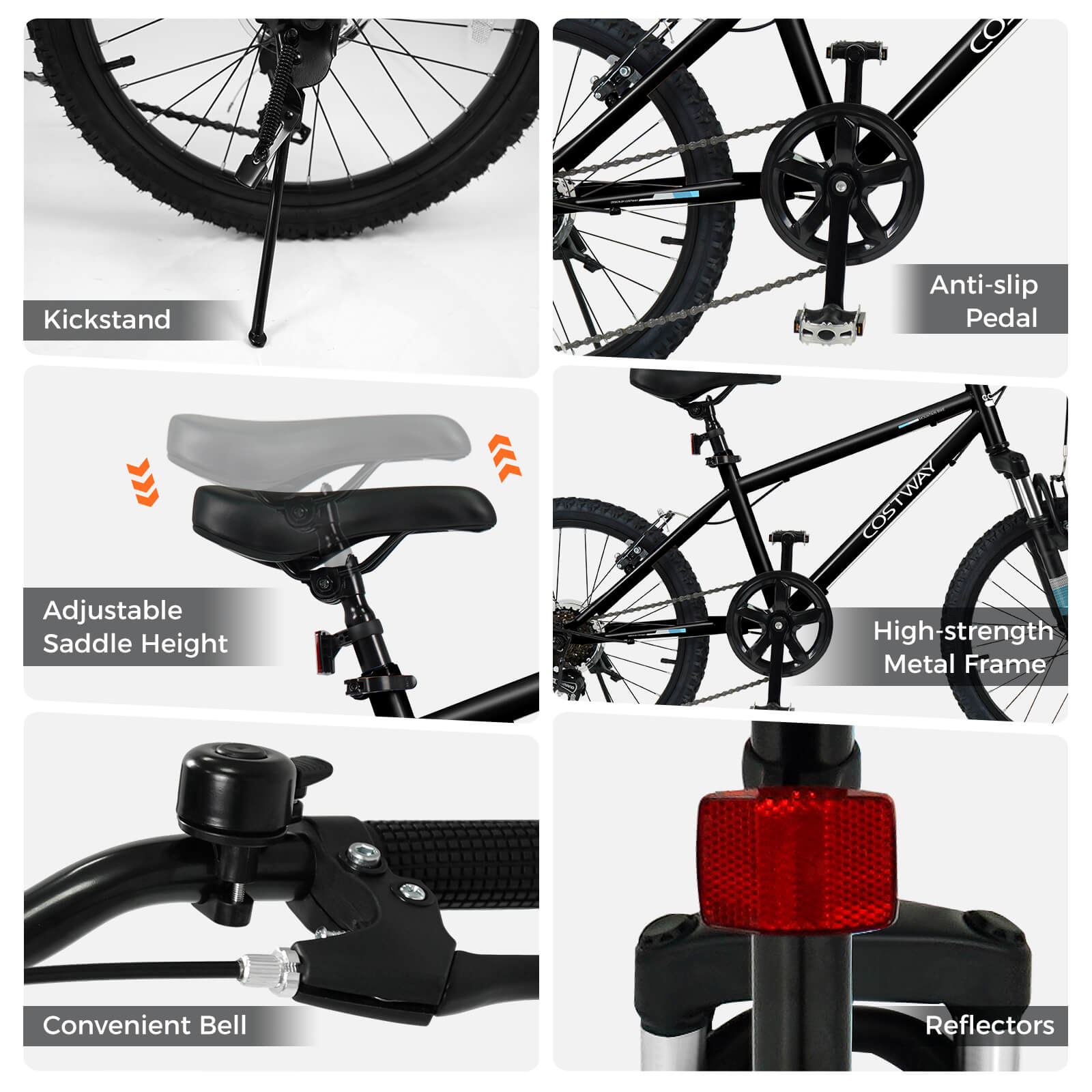- Kickstand
- Anti-slip Pedal
- Adjustable Saddle Height
- High-strength Metal Frame
- Convenient Bell
- Reflectors