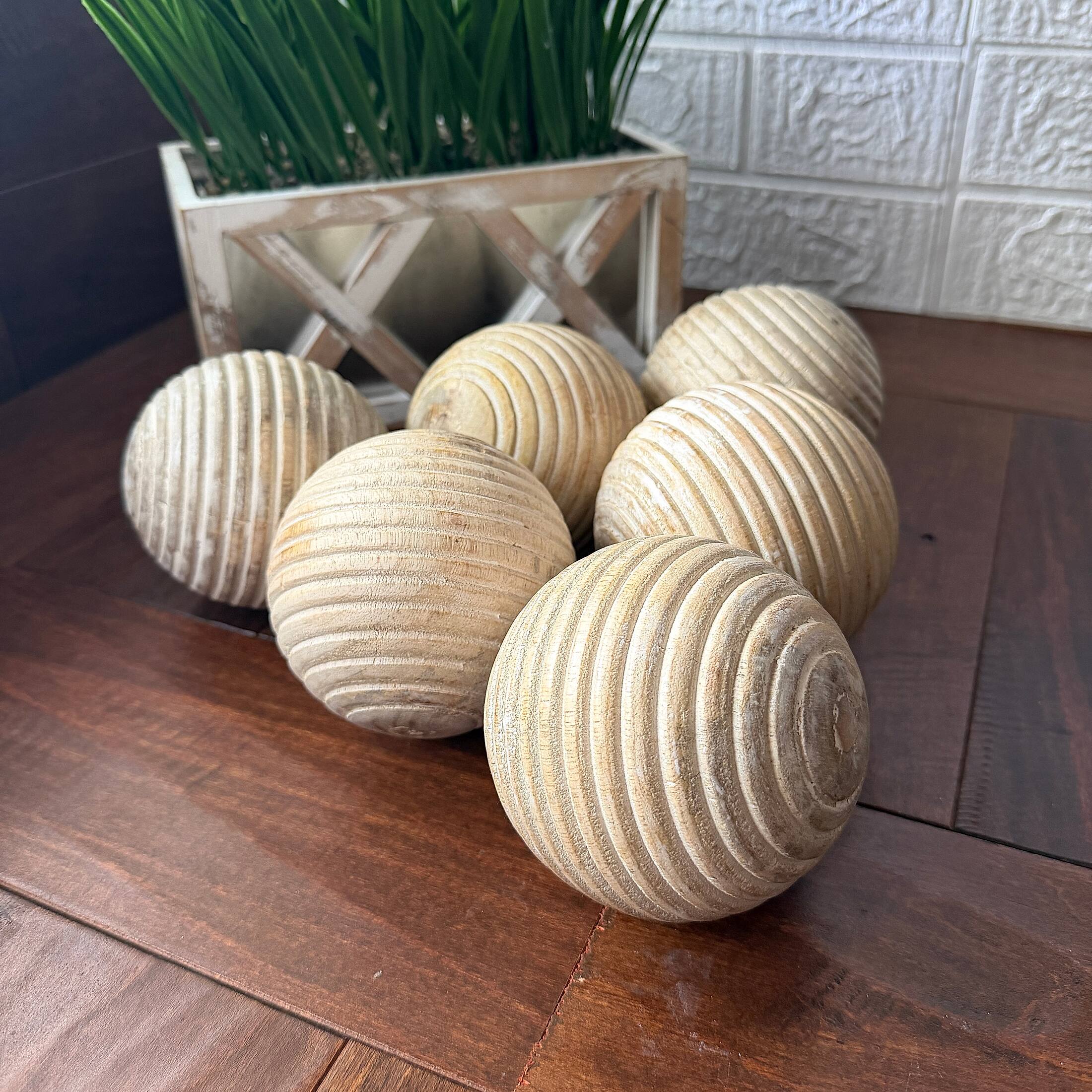 Alt View 5. PD Home & Garden - Set of 6 Ribbed Wooden Decorative Orbs Natural 4 Inch Striped Bowl Fillers - Natural.