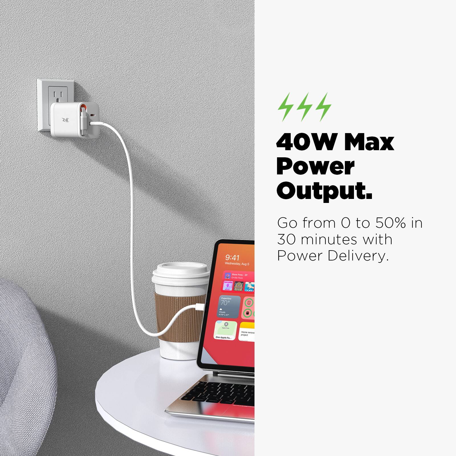 40W Max Power Output.  
Go from 0 to 50% in 30 minutes with Power Delivery.