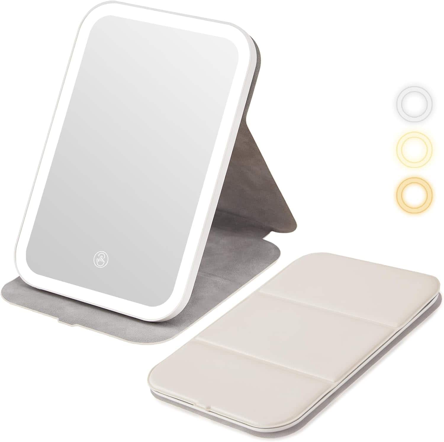 Stamp n Camp - Rechargeable Travel Makeup Mirror, Portable Lighted Vanity Mirror with 3 Color Lights, Dimmable LED Folding Cosmetic - Beige