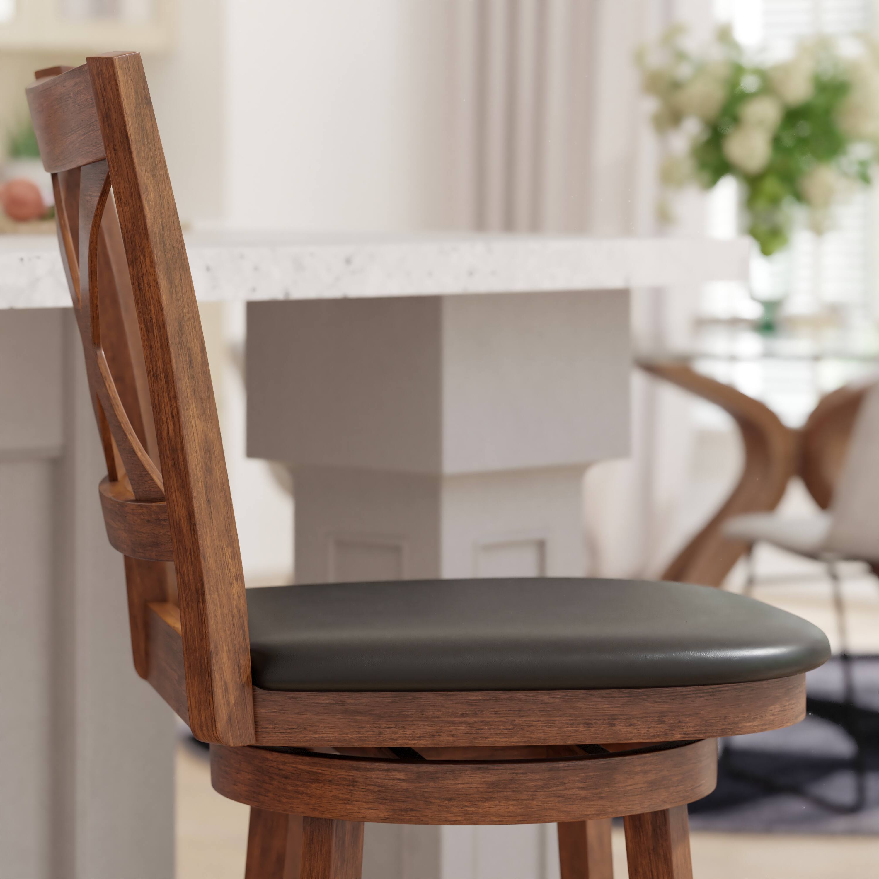 Alt View 4. Emma + Oliver - Luc Wooden Crossback Pub Style Barstool with Padded Faux Leather Swivel Seat - Black Vinyl/Antique Oak Frame.