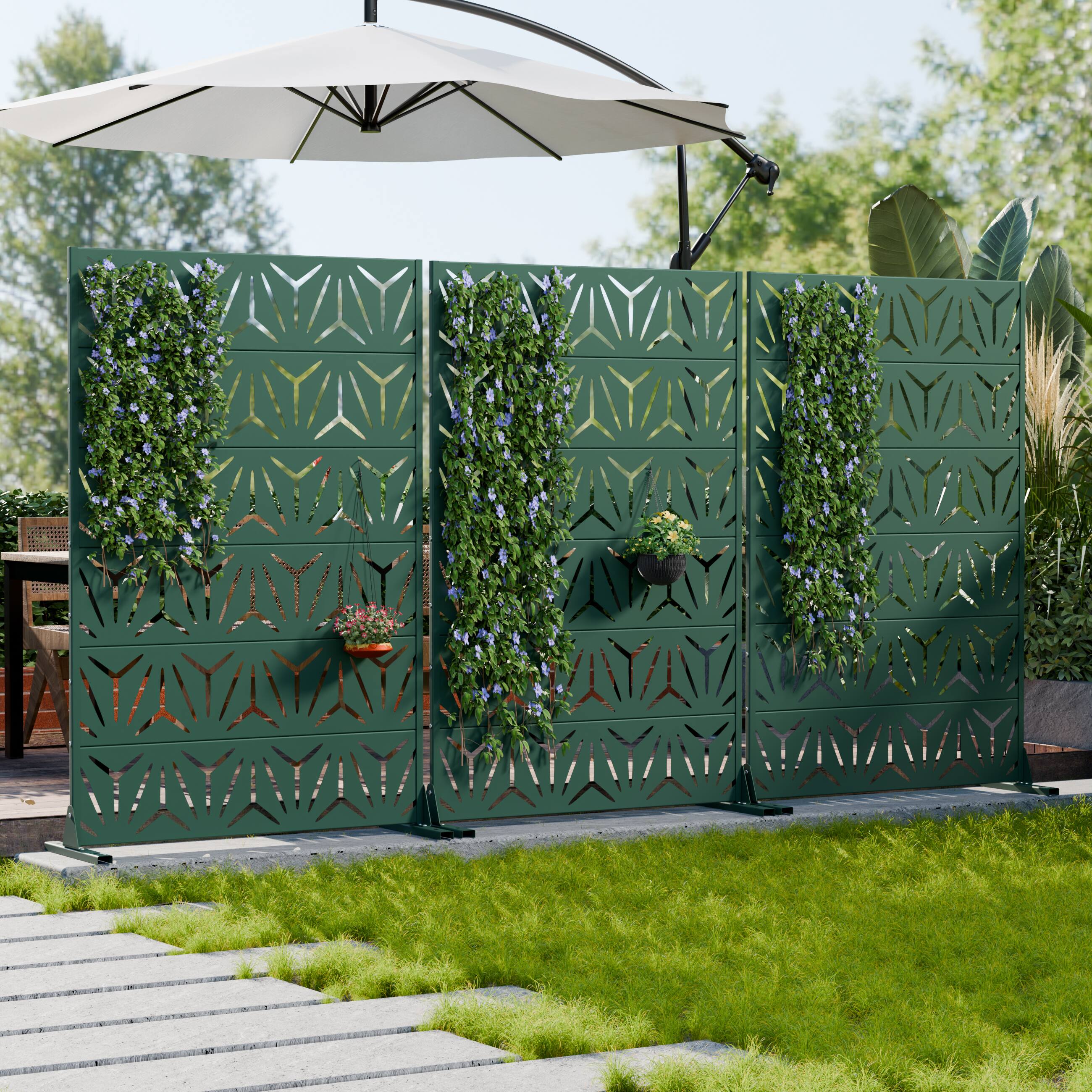 Alt View 1. PexFix - Outdoor Privacy Screen Freestanding Metal Privacy Divider with Geometric Cutouts All-Weather Decorative Screen - Dark Green.