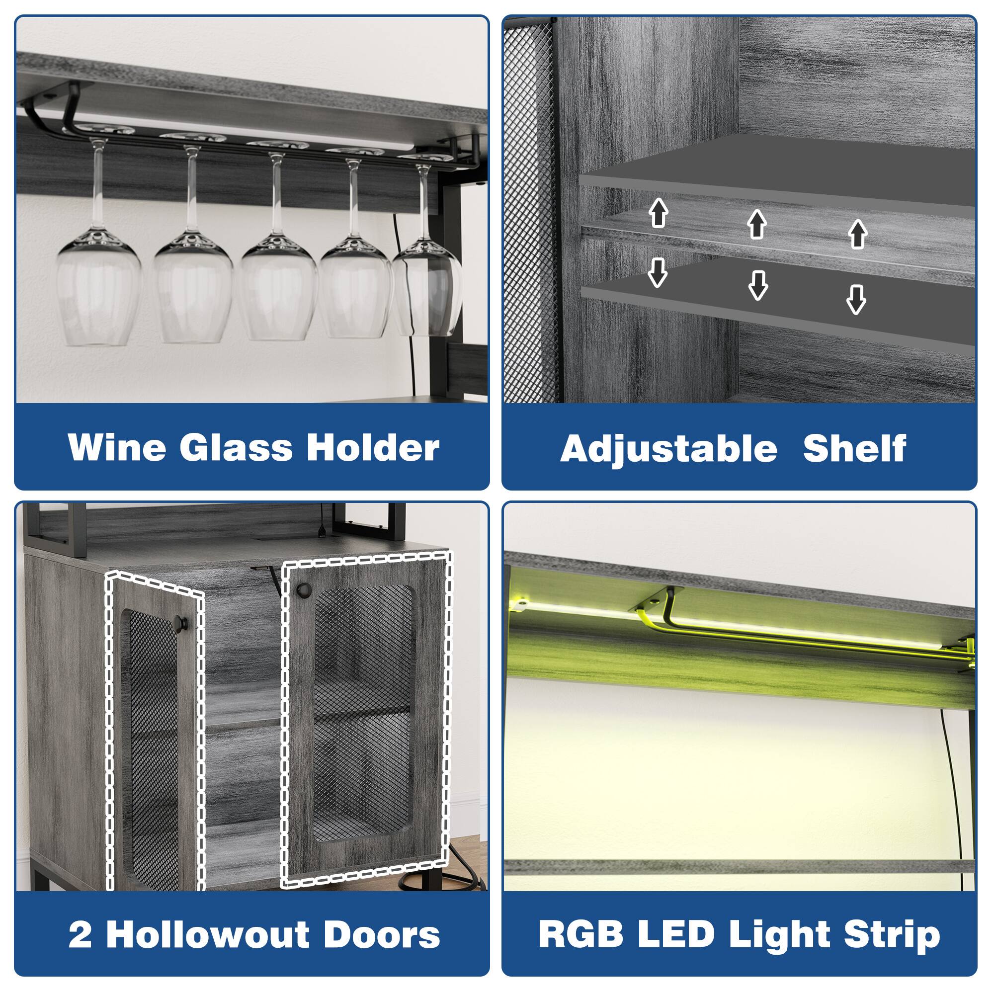 Wine Glass Holder Adjustable Shelf 2 Hollowout Doors RGB LED Light Strip