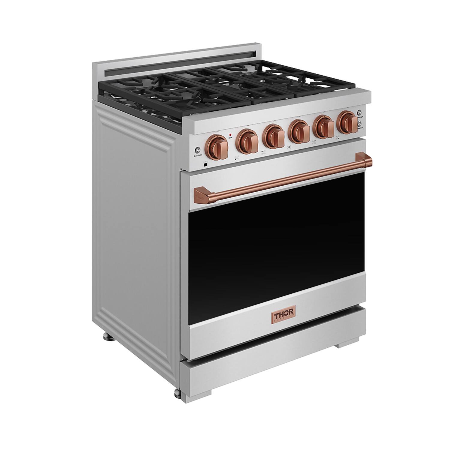 Left. Thor Kitchen - Gordon Ramsay Series by Thor Kitchen 4.55 Cu. Ft Freestanding Gas Range with Rose Gold Hardware - Stainless Steel.