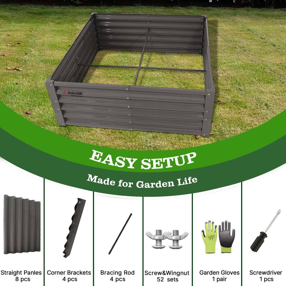 Aneolife EASY SETUP  
Made for Garden Life  

- Straight Panels: 8 pcs  
- Corner Brackets: 4 pcs  
- Bracing Rod: 4 pcs  
- Screw&Wingnut: 52 sets  
- Garden Gloves: 1 pair  
- Screwdriver: 1 pcs
