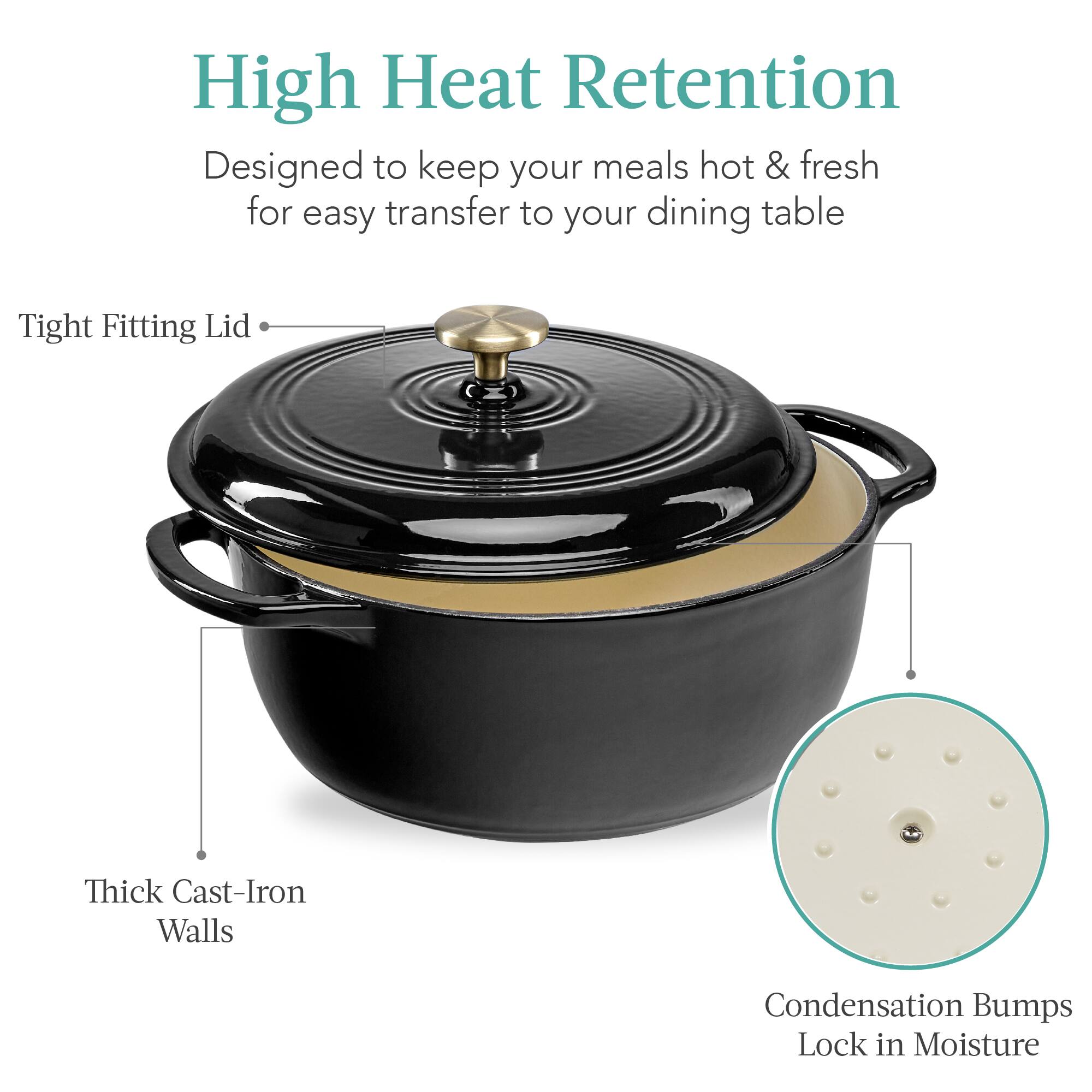 High Heat Retention
Designed to keep your meals hot & fresh for easy transfer to your dining table
- Tight Fitting Lid
- Thick Cast-Iron Walls
- Condensation Bumps Lock in Moisture
