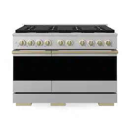 ZLINE - Autograph 48 in. 6.7 cu. ft. Marino Dual Fuel Freestanding Range with 8 Gas Burners in Satin Steel with Bronze Accents - Satin Stainless Steel