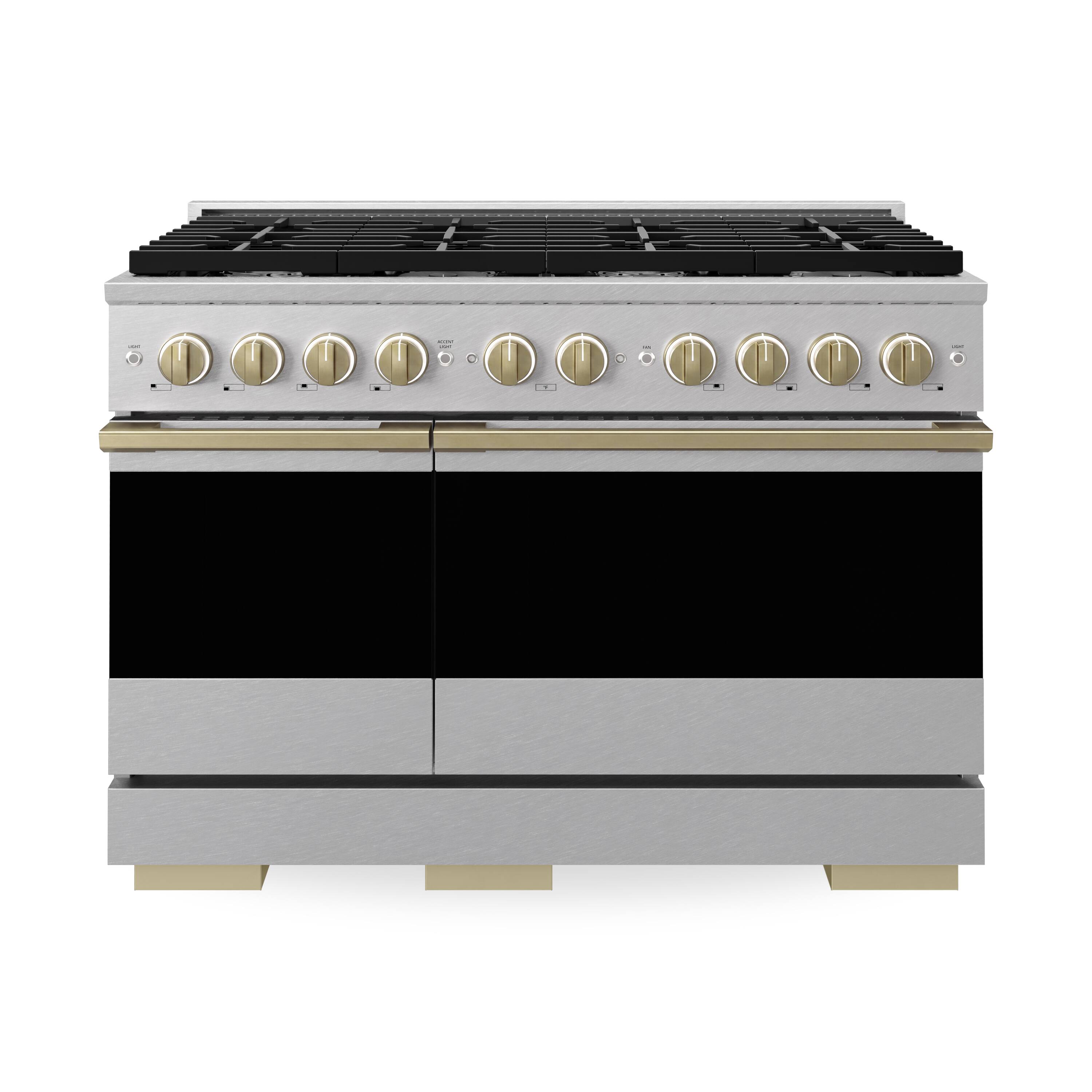 Front. ZLINE - Autograph 48 in. 6.7 cu. ft. Marino Dual Fuel Freestanding Range with 8 Gas Burners in Satin Steel with Bronze Accents - Satin Stainless Steel.