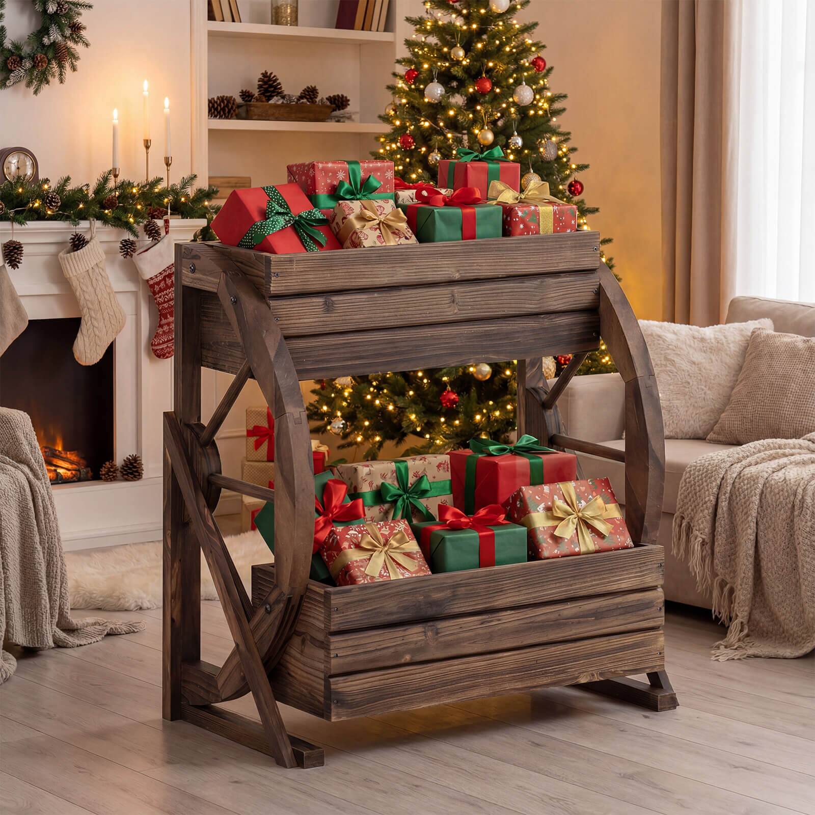 Alt View 3. Costway - Costway 1 PCS 2-Tier Rustic Wood Wagon Planter with Drainage Semi-Wheels,Raised Bed for Patio Yard - Coffee.