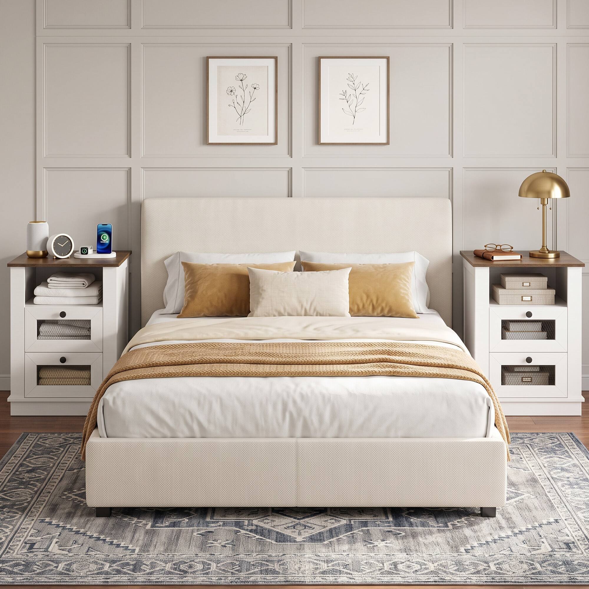 Alt View 4. WELLFOR - Nightstand with Charging Station, 2 Drawers and Storage Compartment - Rustic Brown.